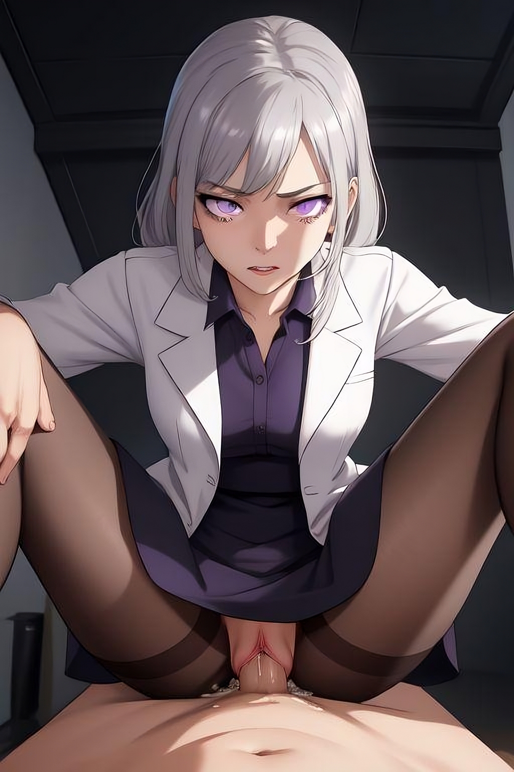 ai_generated biting_lip cum dr.moon_scp labcoat pantyhose pov purple_eyes silver_hair spread_legs staring_at_viewer vaginal_penetration