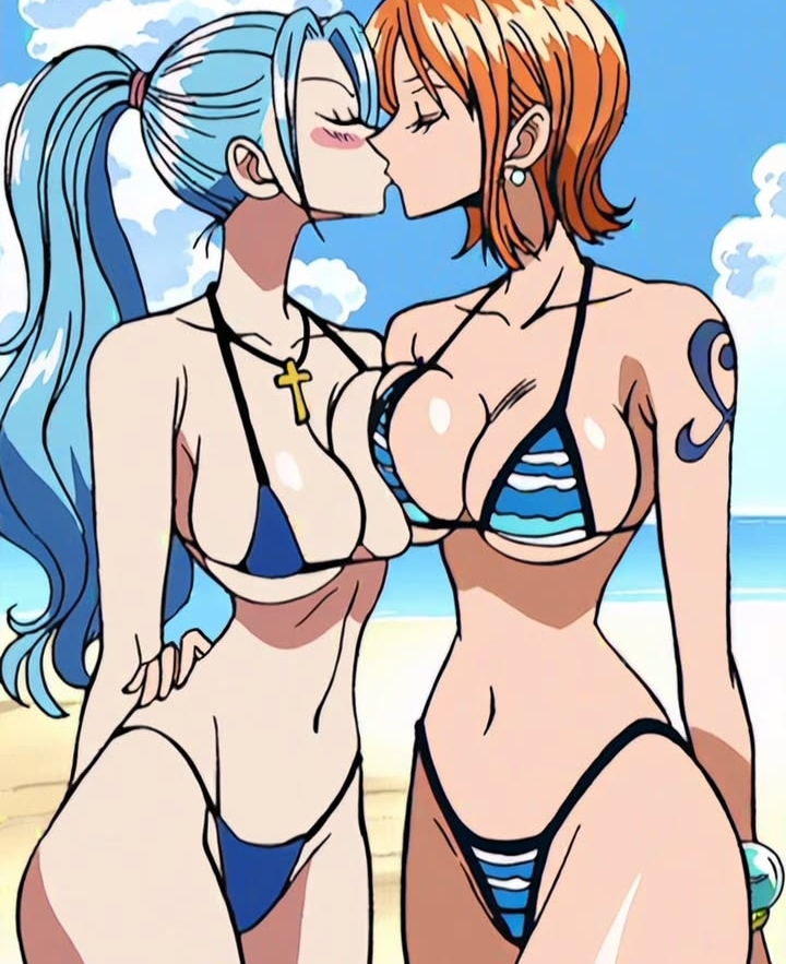 2024 2girls ai_generated big_breasts bikini bikini_bottom bikini_top blue_hair breasts_squeezed_together closed_eyes cross_necklace curvy duo female_only hourglass_figure instagram instagram_link kissing lesbian_kiss light-skinned_female light_skin nami nami_(classic) nami_(one_piece) nefertari_vivi one_piece orange_hair pale-skinned_female pale_skin ponytail pre_timeskip short_hair tattoo two-piece_swimsuit yuri