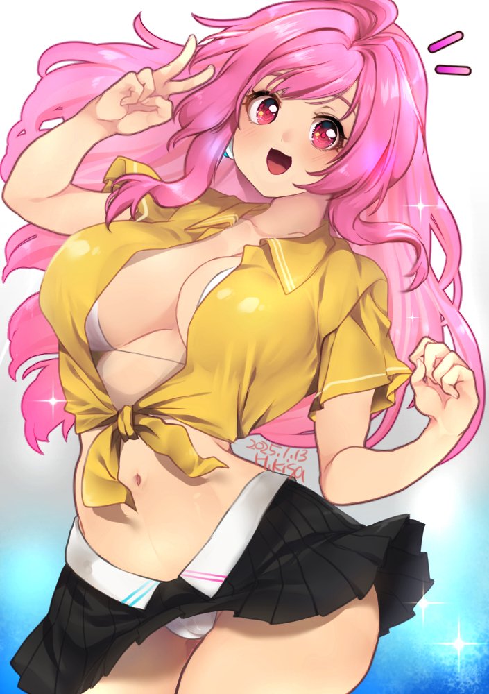 :d arms_up cameltoe center_opening cleavage dated large_breasts miniskirt navel notice_lines rasis signature smile sound_voltex thick_thighs v white_panties wide_hips