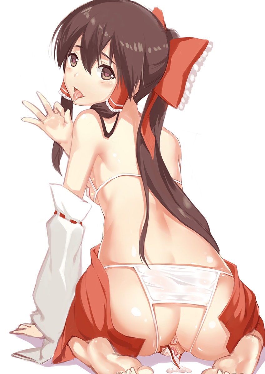 1girls, anal, anal access, anal only, anal only maebari, anal only panties, anus, ass, ass cutout, backless panties, bow, brown hair, cum, cum in pussy, detached sleeves, female, female only, hair tubes, hairbow, heart, heart-shaped pupils, highres, japanese clothes, long hair, maebari, miko, naughty face, pussy, reimu hakurei, shoutai (7490773), solo, symbol-shaped pupils, tongue, touhou