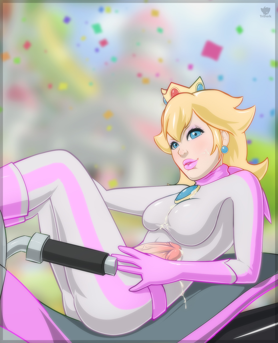 1futa, ass, blonde hair, blue eyes, bodysuit, boots, breasts, clothing, crown, cum, cum on breasts, cum on clothes, cum on face, cum on self, earrings, erection, futa only, futanari, gloves, human, intersex, lipstick, long hair, makeup, mario (series), mario kart, motorcycle, nintendo, penis, pink lipstick, princess peach, scarf, sitting, solo, tridark, vehicle