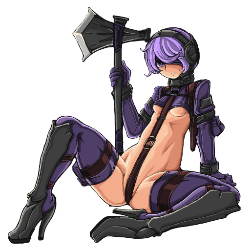 crop_top crotch_strap doekuramori greaves hair_over_one_eye headgear high_heel_boots high_heels holding_another's_hand holding_axe holding_weapon legs_apart looking_at_viewer martyr_(the_citadel) official_art purple_eyes purple_hair purple_thighhighs small_breasts spread_legs the_citadel the_martyr transparent_background