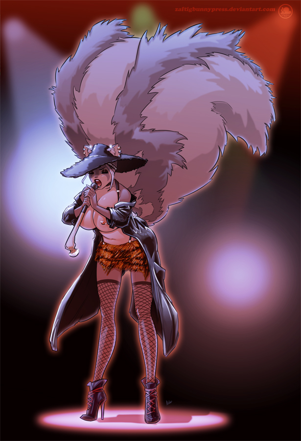 2015 anthro big_breasts big_tail breasts cane clothing esmeralda_(zaftigbunnypress) female fishnet fur grey_fur hair hat high_heels huge_breasts jacket lips mammal microphone miniskirt nipples panties piercing short_hair skunk solo underwear white_fur white_hair zaftigbunnypress