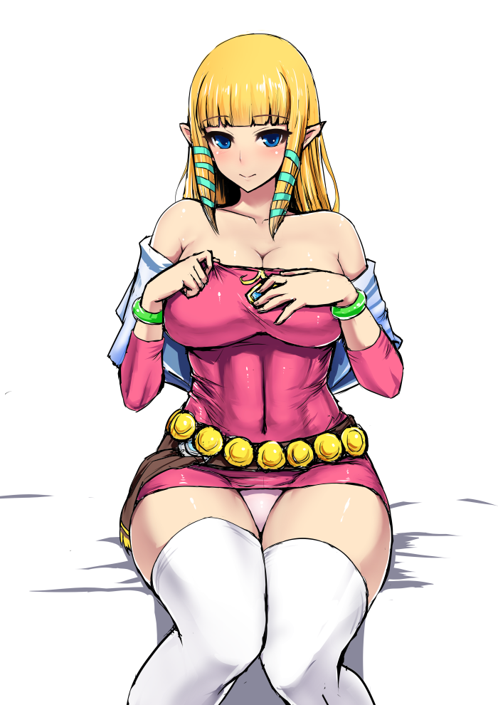 1girls alternate_breast_size bangs bare_shoulders blonde_hair blue_eyes blunt_bangs blush bracelet breasts cleavage covered_navel demigoddess detached_sleeves dress female female_only goddess hair_ribbon hands_on_own_chest hourglass_figure hylian ishimiso_(ishimura) jewelry knees_together_feet_apart large_breasts long_hair microdress navel nintendo panties pantyshot_(sitting) pantyshot_sitting payot pink_dress pink_panties pointy_ears princess_zelda ribbon sailcloth sitting skyward_sword smile solo teenager the_legend_of_zelda thighhighs underwear voluptuous white_legwear zelda_(skyward_sword)