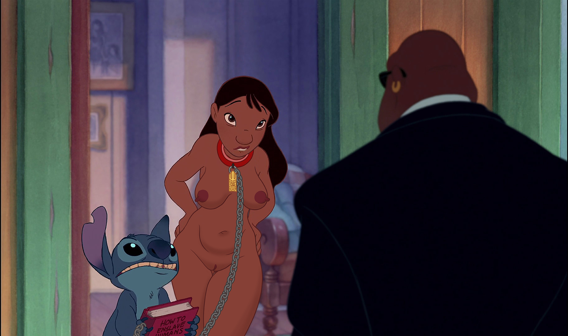 accurate art style, alien, black hair, breasts, brown eyes, chains, cobra bubbles, dark skin, dark-skinned female, dark-skinned male, disney, edit, experiment (species), female, lilo and stitch, long hair, male, nani pelekai, nude, pussy, screenshot, screenshot edit, slave, stitch (lilo and stitch), tagme, tittydispenser