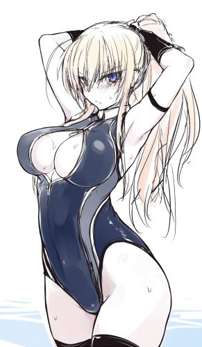 angry ass blonde_hair blue_eyes blush breasts cleavage female front_zipper_swimsuit hanna-justina_marseille large_breasts null_(nyanpyoun) one-piece_swimsuit stockings strike_witches swimsuit world_witches_series