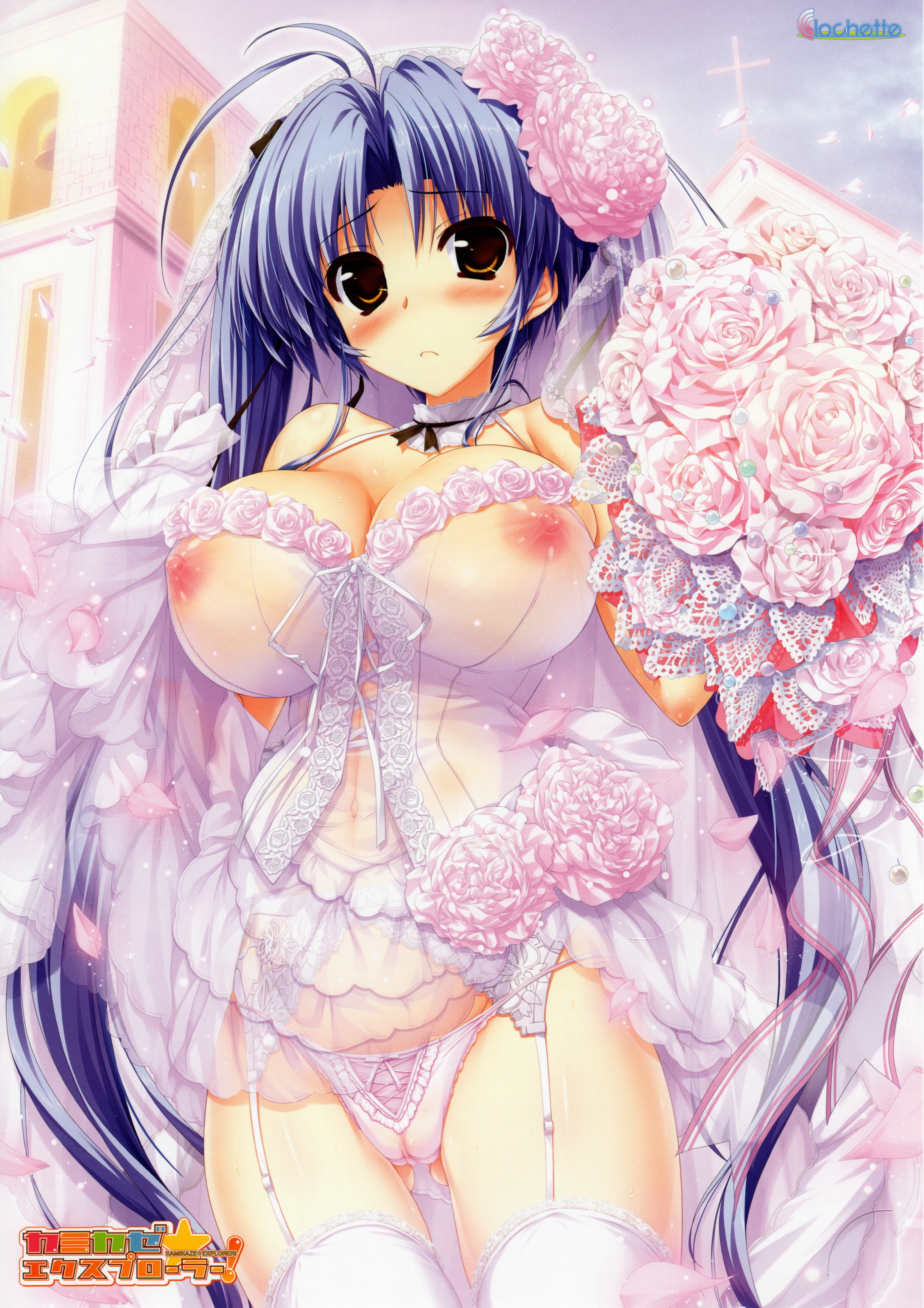 absurdres, ahoge, antenna hair, bare shoulders, bell, blue hair, blush, bouquet, breasts, bridal veil, bride, cameltoe, choker, church, cleavage, corset, cross, dress, erect nipples, female, flower, frown, garter belt, garter straps, hair flower, hair ornament, highres, kamikaze explorer!, large breasts, long hair, looking at viewer, navel, nipples, okihara kotoha, original, oshiki hitoshi, panties, petals, pink panties, puffy nipples, pussy, ribbon, scan, see-through, shiny, shiny skin, sky, solo, thighhighs, uncensored, underwear, veil, very long hair, wedding, wedding dress, white legwear, yellow eyes
