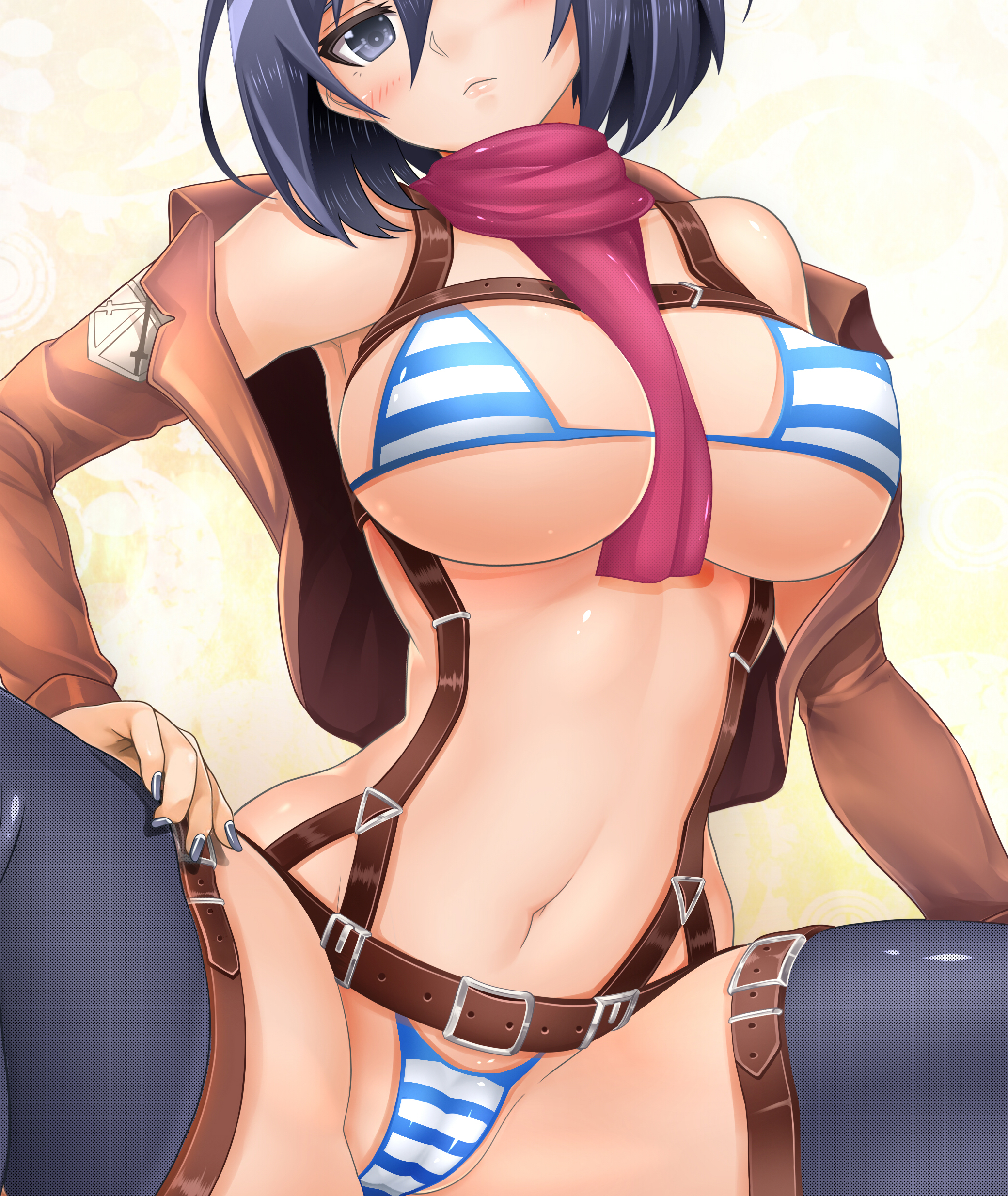 1girls, absurdres, attack on titan, belt, between breasts, black legwear, black nails, blue eyes, blue hair, bra, breasts, clothes between breasts, coat, female, female only, highres, hourglass figure, large breasts, legs, long sleeves, mikasa ackerman, nail polish, oni-noboru, panties, scarf, shingeki no kyojin, short hair, solo, spread, spread legs, straddling, striped, striped bra, striped panties, thigh strap, thighhighs, thighs, underwear