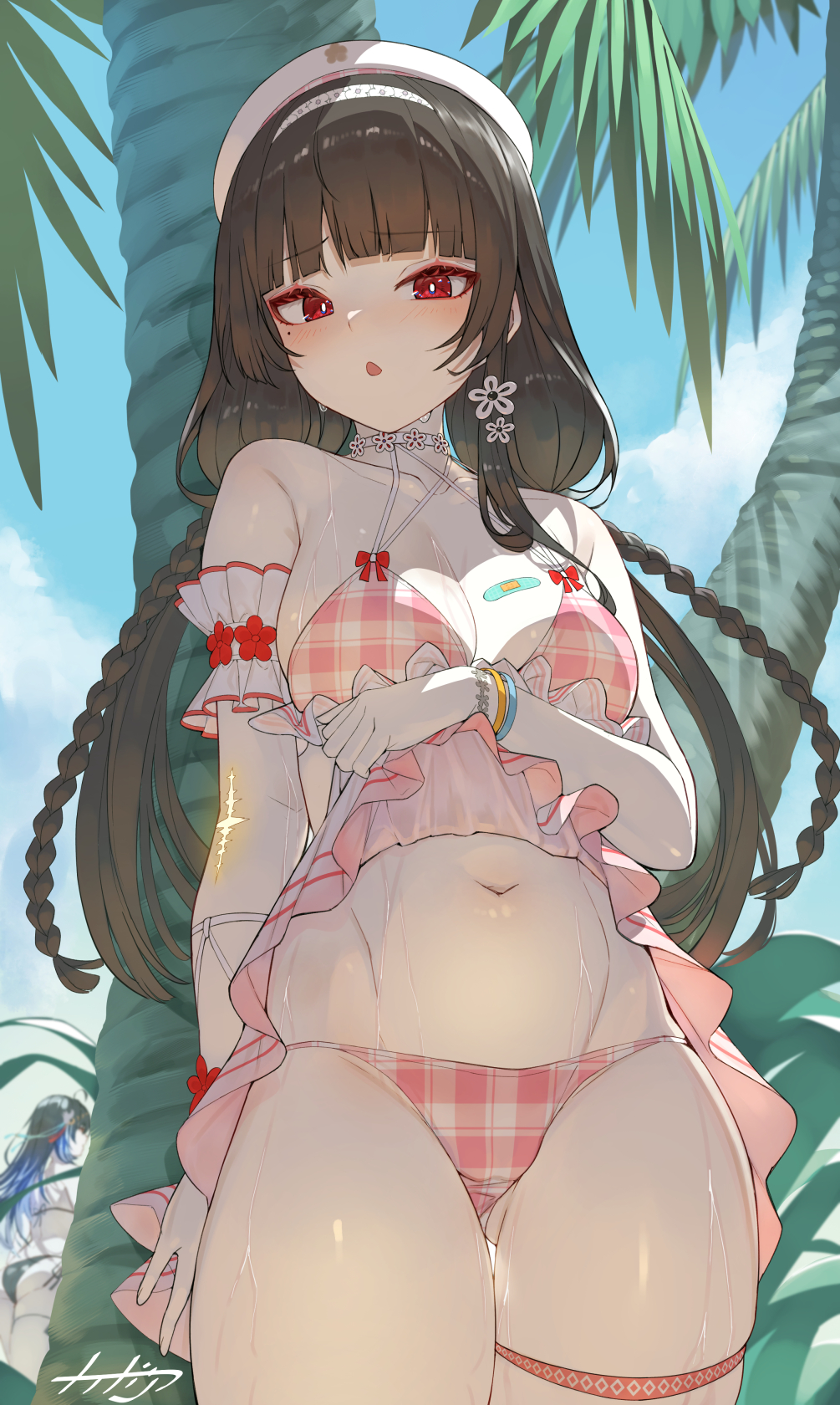 1girls, beach, black hair, chisa (peach parfait) (wuthering waves), chisa (wuthering waves), female, long hair, medium breasts, official alternate costume, pink swimsuit, red eyes, see-through clothing, see-through swimsuit, skirt lift, swimsuit, wuthering waves