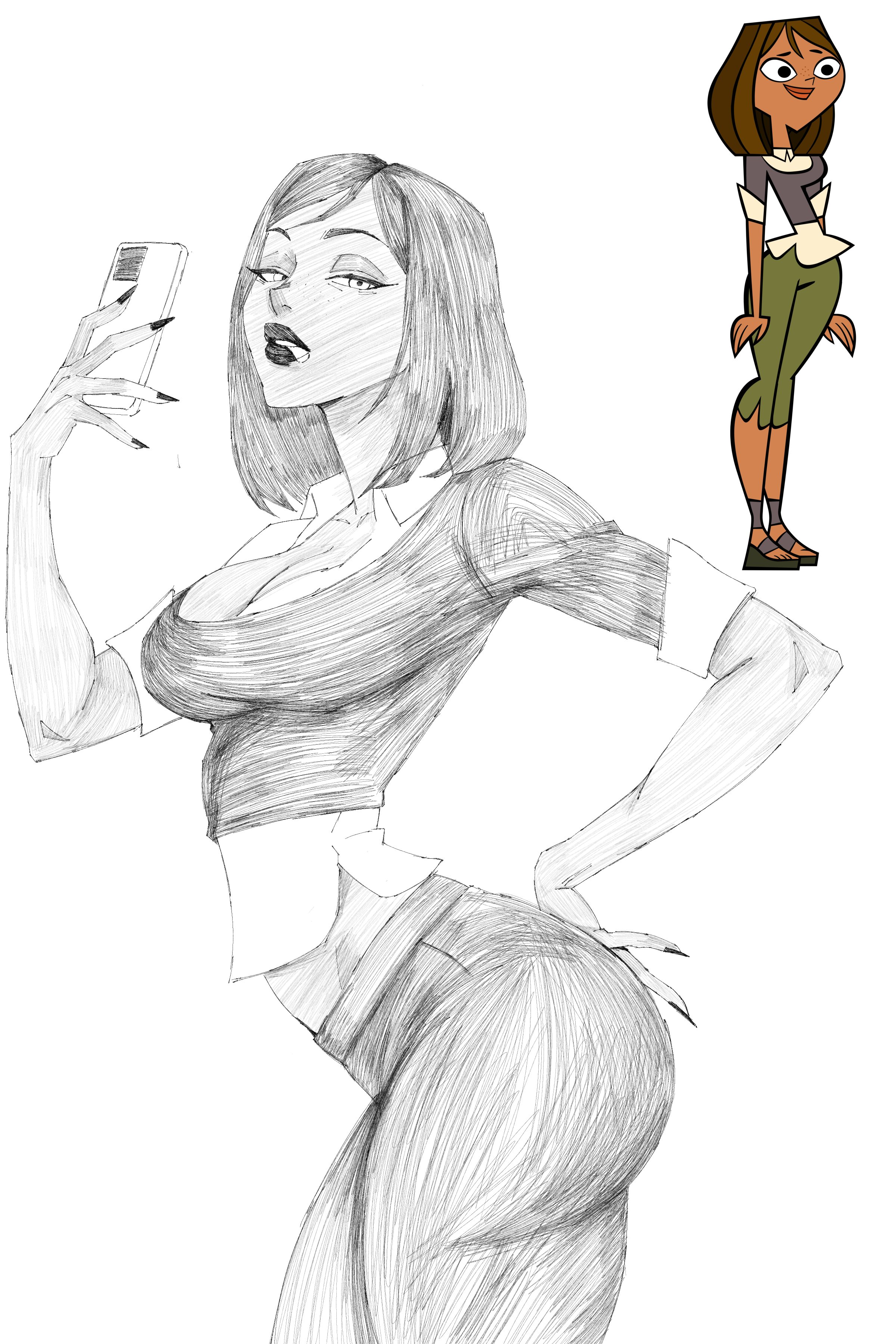 1girls, big ass, big breasts, black and white, cartoon network, courtney (tdi), doodle, hex mamaniac, long fingernails, phone, reference image, sketch, smartphone, tagme, total drama island, voluptuous, voluptuous female, white background