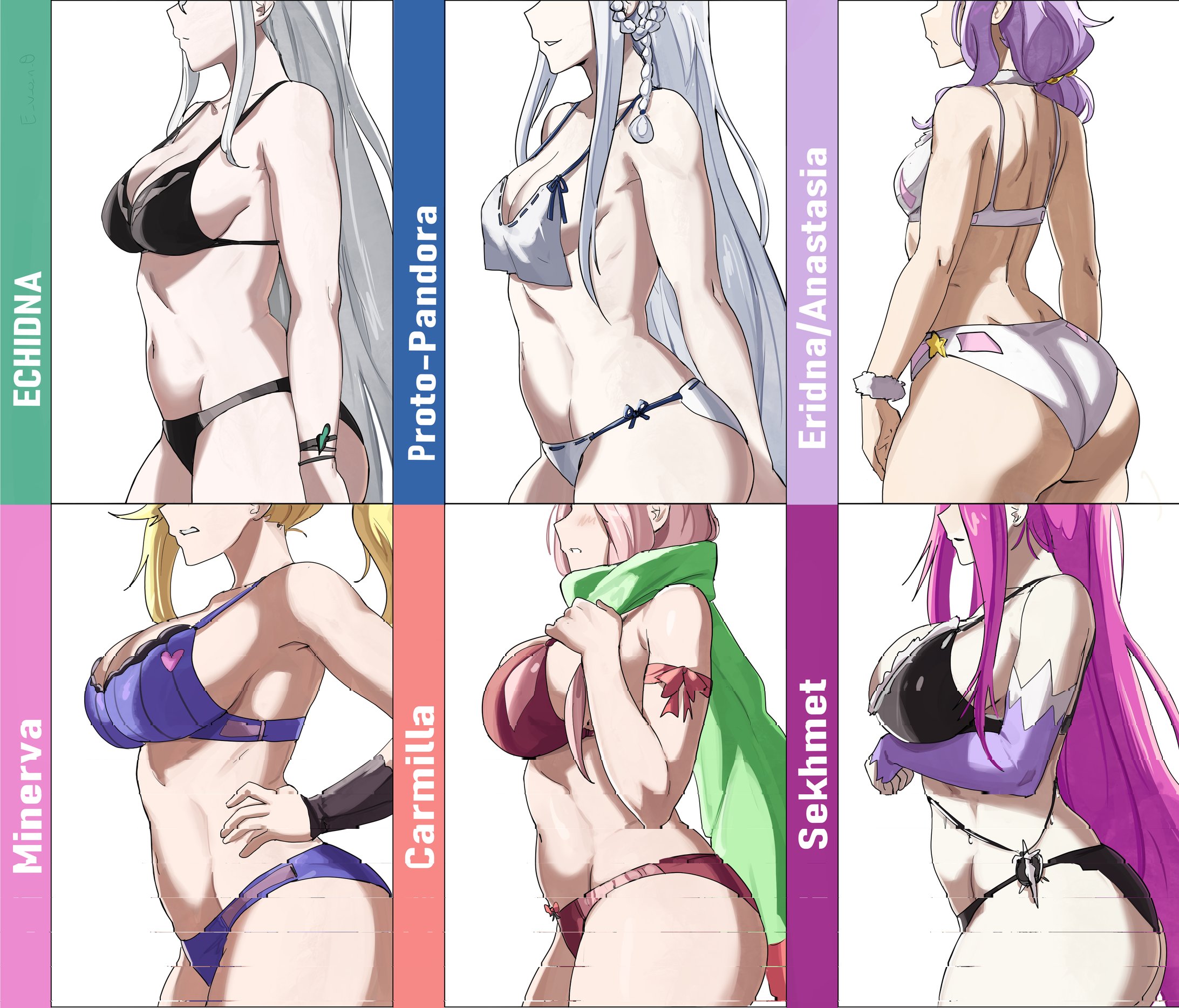  e v o n 0, 6girls, akihitoevon, anastasia hoshin, ass comparison, big ass, big breasts, blonde hair, body comparison, breast comparison, carmilla (re:zero), echidna (re:zero), grid layout, lingerie, lingerie only, minerva (re:zero), multiple girls, pandora (re:zero), pink hair, purple hair, re:zero kara hajimeru isekai seikatsu, sekhmet (re:zero), underwear, voluptuous, voluptuous body, voluptuous female, white hair