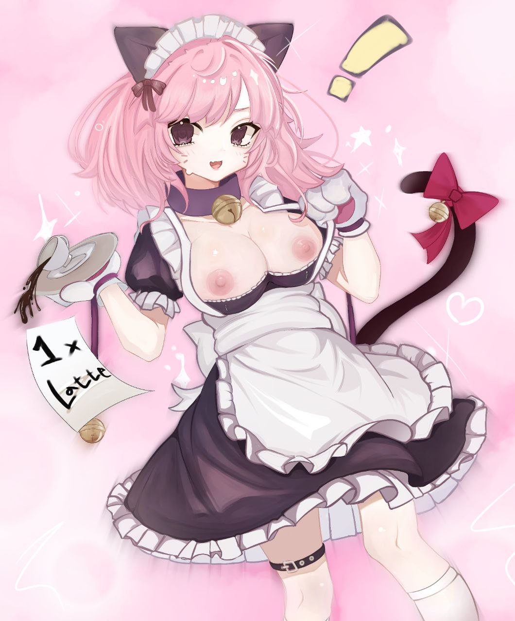 black eyes, brawl stars, cat ears, cat tail, coffee cup, colette (brawl stars), exposed breasts, maid uniform, pink hair, pinku pawlette, yasuuox