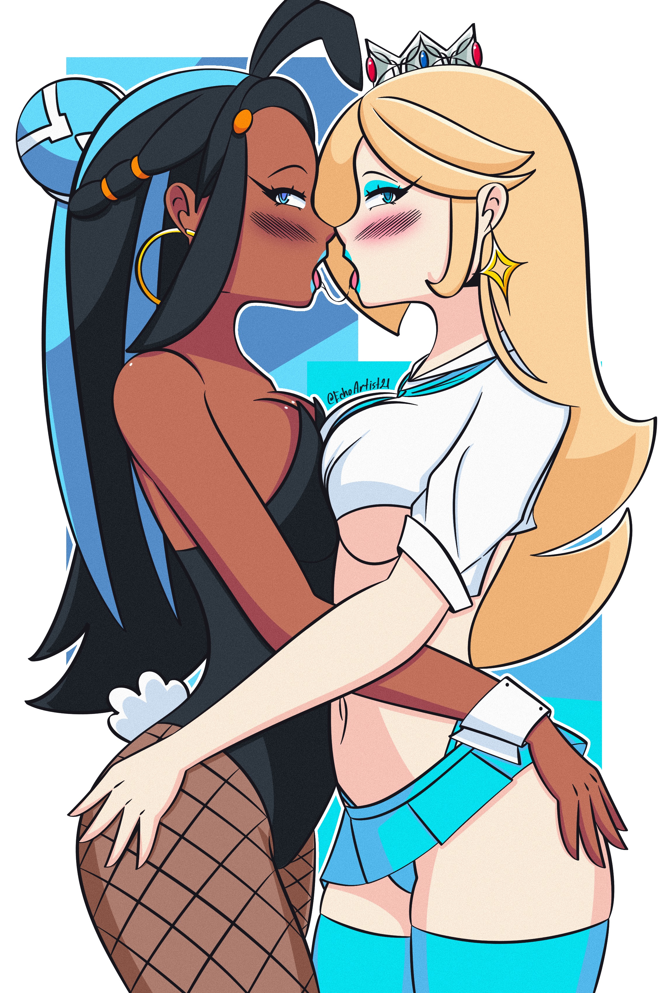 2d, 2d (artwork), 2girls, after kiss, black hair, blonde hair, blue eyes, blue highlights, blue thighhighs, bunny ears, bunny tail, bunnysuit, commission, dark-skinned female, echoartist21, female only, fishnet legwear, game freak, hair over one eye, hand on ass, interracial, light-skinned female, looking at viewer, mario (series), microskirt, nessa (pokemon), nintendo, pokemon, pokemon ss, princess rosalina, rosalina, saliva trail, school uniform, spit trail, super mario bros., super mario galaxy, tagme, thighhighs, underboob, watermark, yuri