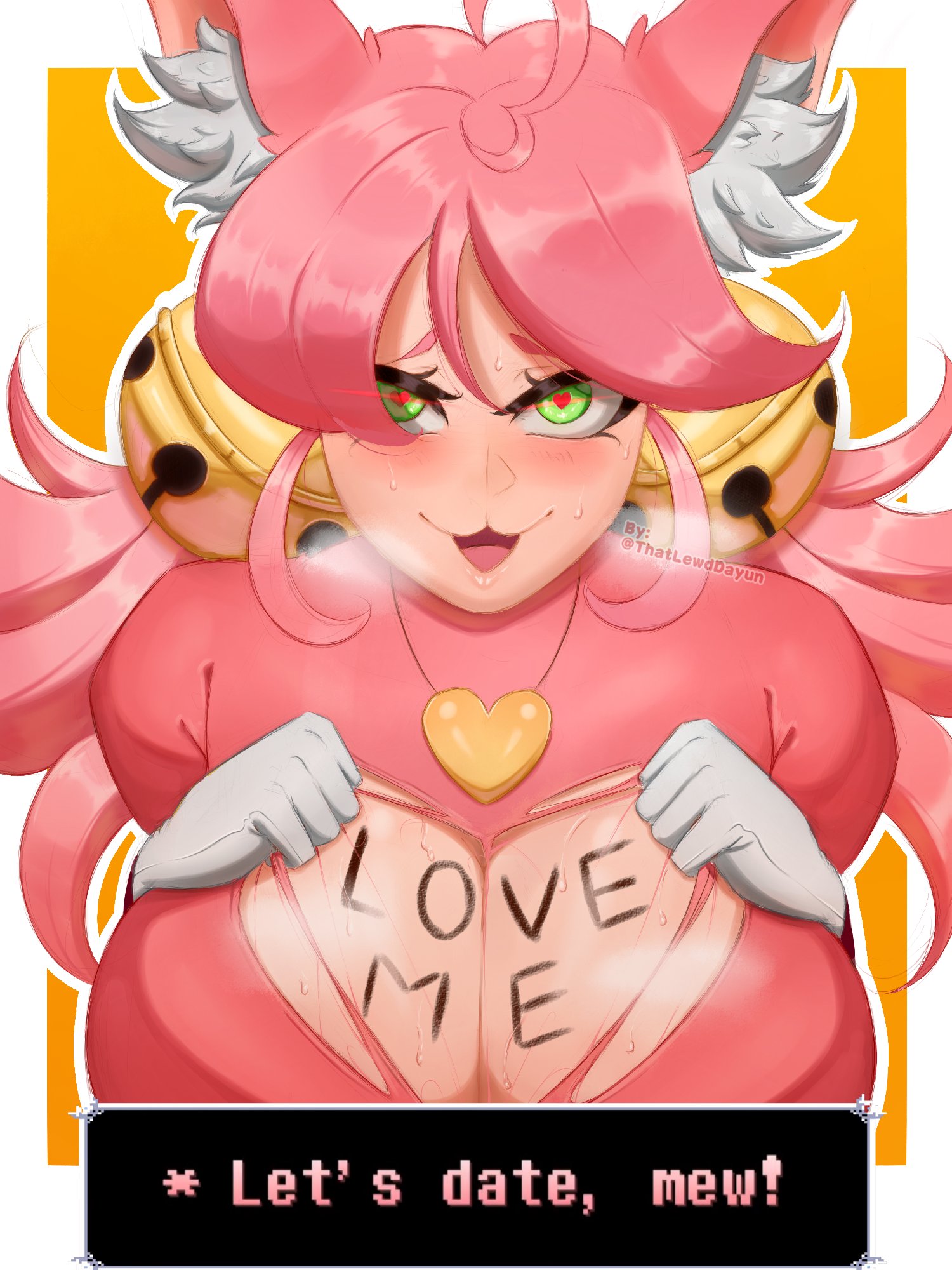 1girls, ahoge, animal ears, big breasts, blush, body writing, breasts, cleavage, cleavage cutout, deltarune, gloves, green eyes, heart, heart-shaped pupils, large breasts, long hair, looking at viewer, mad mew mew, pink (deltarune), pink hair, smile, solo, sweat, symbol-shaped pupils, tagme, tearing clothes, thedayunboi, undertale (series), writing on body