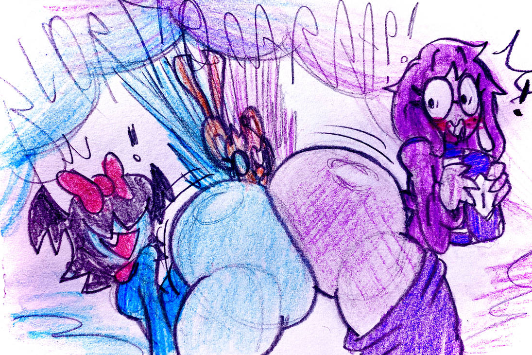 3girls, anthro, aqua (deltarune), big ass, big butt, blush, butt sandwich, charygem, colorful fart, deltarune, different size, embarrassed, fart, fart cloud, fart fetish, glasses, mouse girl, orange (deltarune), pants down, seth (deltarune), toby fox