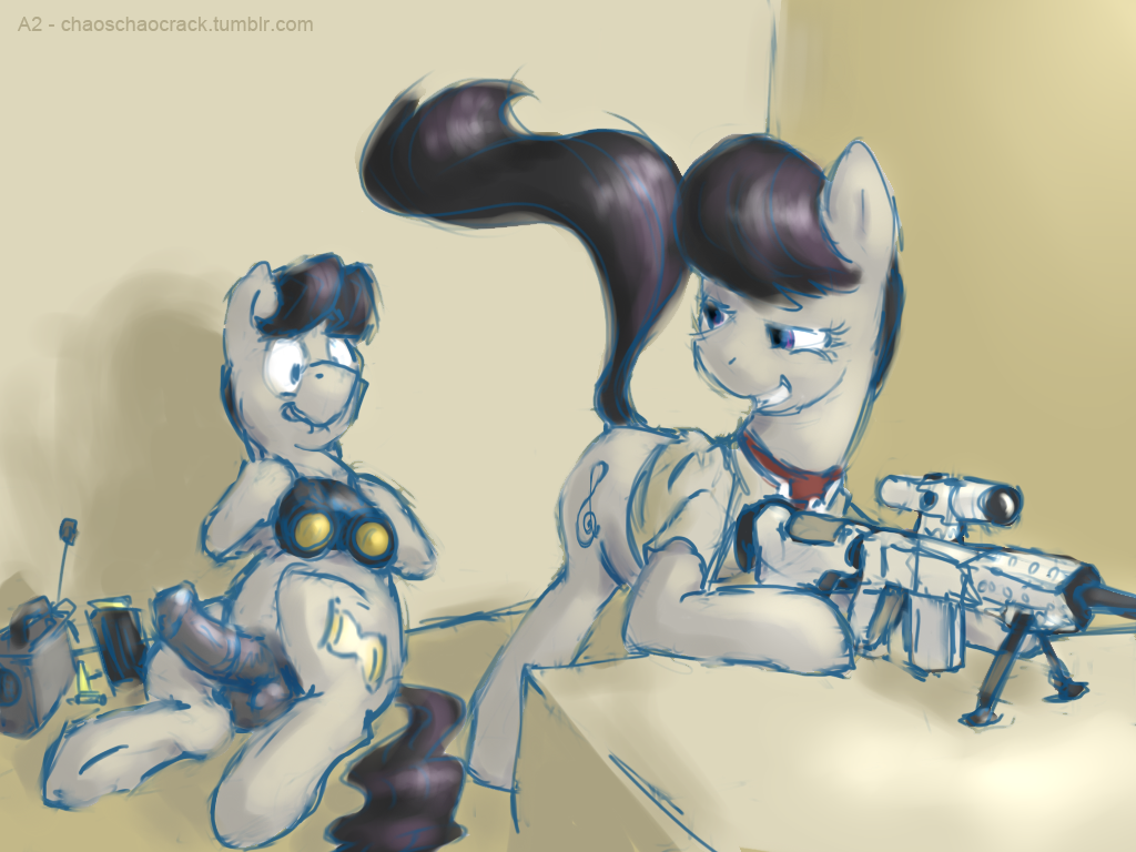 a2 bottomless clothed clothing cutie_mark duo earth_pony equine female friendship_is_magic gun hair half-dressed horse male mammal my_little_pony octavia_melody penis pony presenting ranged_weapon rifle sniper sniper_rifle straight weapon