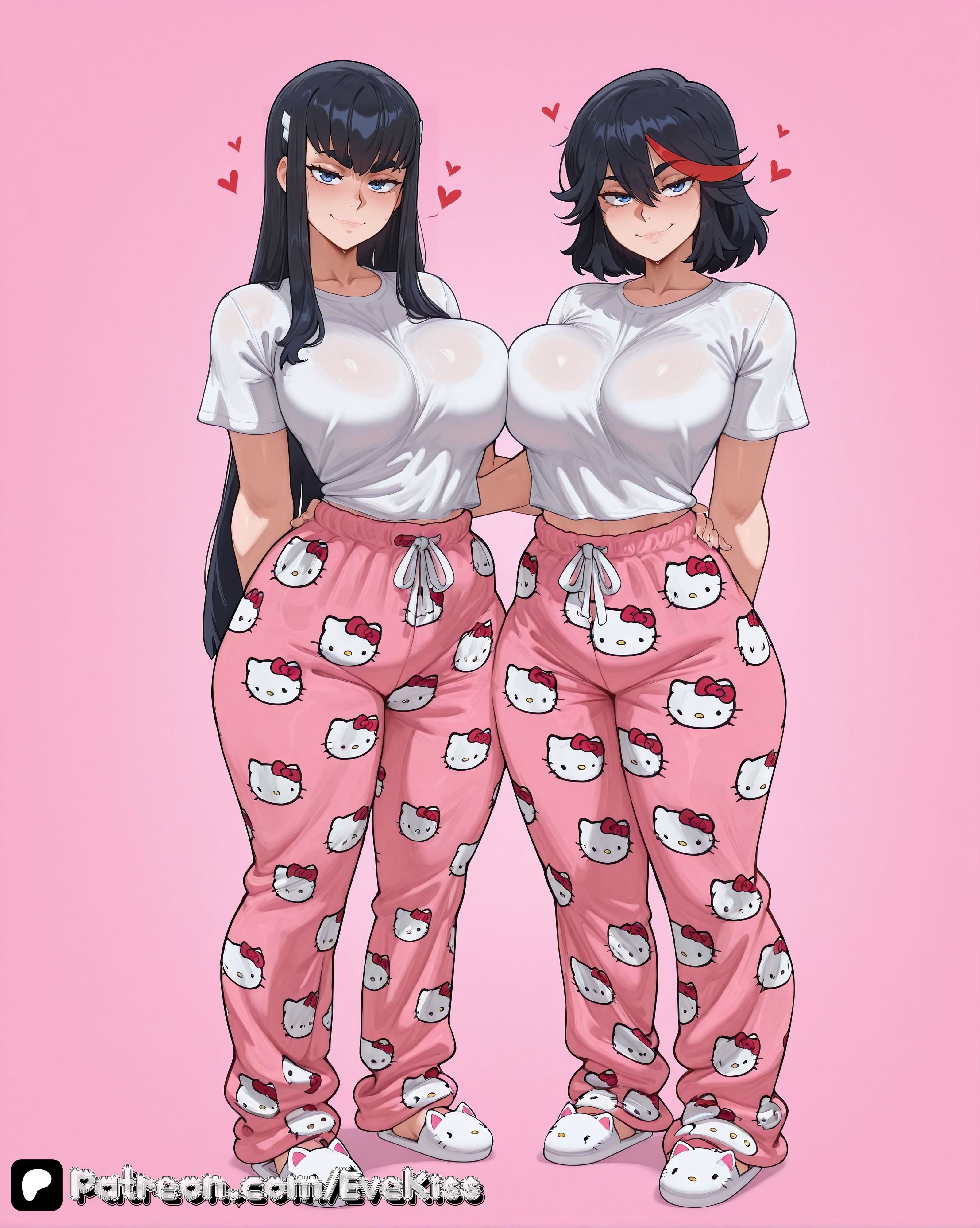 1girl, 1girls, ai generated, bangs, black hair, blue eyes, blue hair, bob cut, breasts, camel toe, cameltoe, cleavage, clothed, clothed female, curvy, curvy figure, dark hair, evekiss, eyebrows, female, female focus, female only, focus, fringe, fully clothed, hello kitty, hello kitty (series), kill la kill, kiryuuin satsuki, large breasts, long hair, matoi ryuuko, multicolored hair, nipples, nipples covered, nipples visible through clothing, pajamas, pants, pussy, red hair, sfw, short hair, solo, solo female, solo focus, streaked hair, teeth, thick thighs, thighs, tight clothes, tight clothing, tight fit, tights, uncensored, wide hips