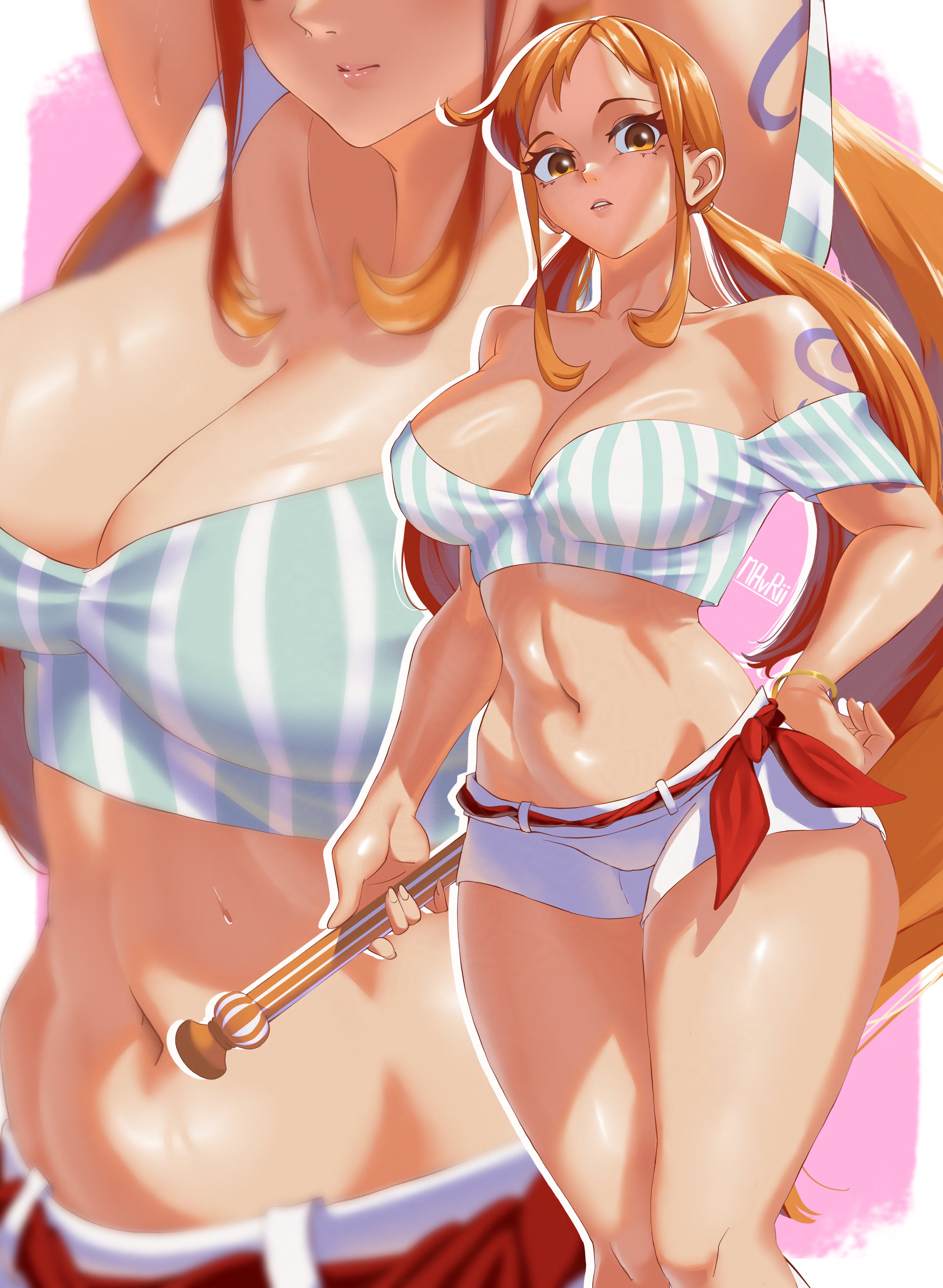 1girls, arm tattoo, arms up, artist name, belly button, big breasts, blue tattoo, breasts, busty, cleavage, clima-tact, close-up, crop top, curvy, female, female only, linea alba, long hair, looking at viewer, mavrii, midriff, nami (one piece), one piece, orange hair, orange-haired female, raised arms, short shorts, shorts, solo, tattoo, thick thighs, toned, toned female, toned stomach, twintails, voluptuous, wide hips