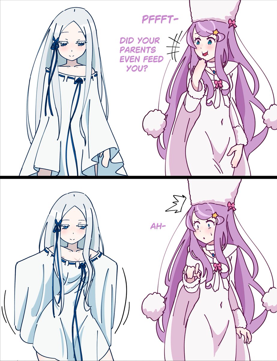 2girls, anastasia hoshin, big thighs, hidden buxom, hidden curves, mayngomay, pandora (re:zero), purple hair, re:zero kara hajimeru isekai seikatsu, surprised, surprised expression, tagme, white background, white hair