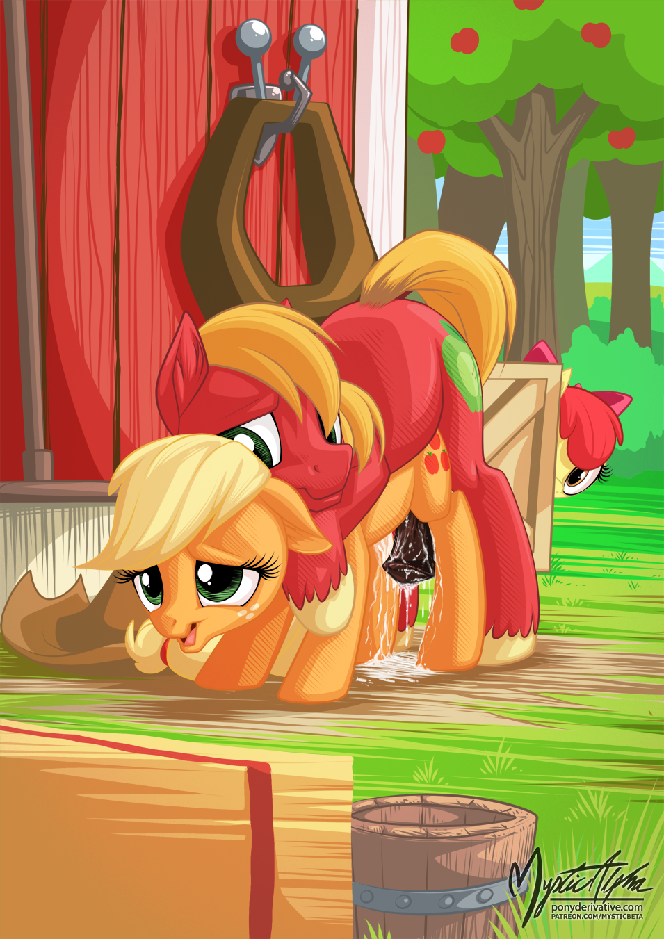 2015 animal_genitalia apple_bloom_(mlp) apple_tree applejack_(mlp) big_macintosh_(mlp) blonde_hair bow brother brother_and_sister brown_eyes bucket cum cum_on_ground cutie_mark earth_pony equine female feral freckles friendship_is_magic green_eyes group hair hasbro horse horsecock incest long_hair male mammal my_little_pony mysticalpha open_mouth outside penis pony red_hair sibling sister sisters tree