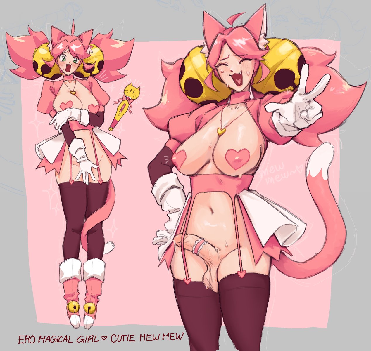 1futa, animal ears, artist request, black legwear, breasts, cat ears, cat tail, deltarune, fang, futa only, futanari, gloves, heart, heart pasties, jewelry, juliet sleeves, large breasts, looking at viewer, mad mew mew, maebari, multiple views, navel, penis, pink (deltarune), pink hair, smile, standing, tail, thighhighs, twintails, undertale (series)
