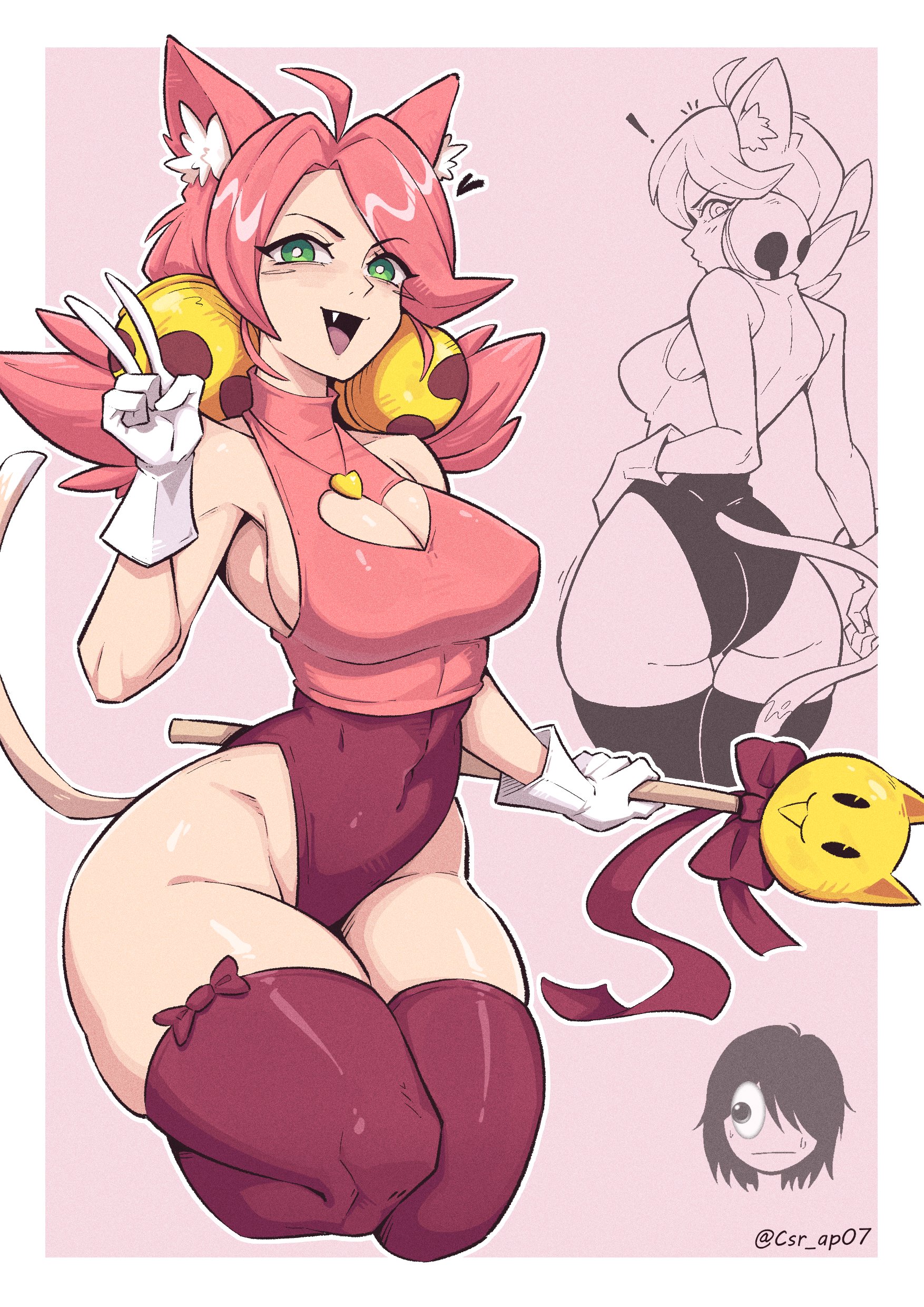 1girl, absurdres, adapted costume, animal ears, ass, bell, bell ear ornament, bewitching thighs, big ass, big breasts, breasts, cat ears, cat girl, cat tail, catgirl, cleavage, cleavage cutout, clothing cutout, csr ap07, deltarune, fang, fangs, female, female only, gloves, gold bell, green eyes, hair bell, hair ornament, heart, heart cutout, heart necklace, heart pendant, highleg, highleg leotard, highres, hourglass figure, huge ass, huge breasts, jewelry, kris (deltarune), large ass, large breasts, leotard, looking at viewer, looking back, mad mew mew, necklace, peace sign, pink (deltarune), pink hair, slim waist, solo female, solo focus, tail, thick, thick ass, thick thighs, thigh gap, thighhighs, undertale (series), wide hips, wott