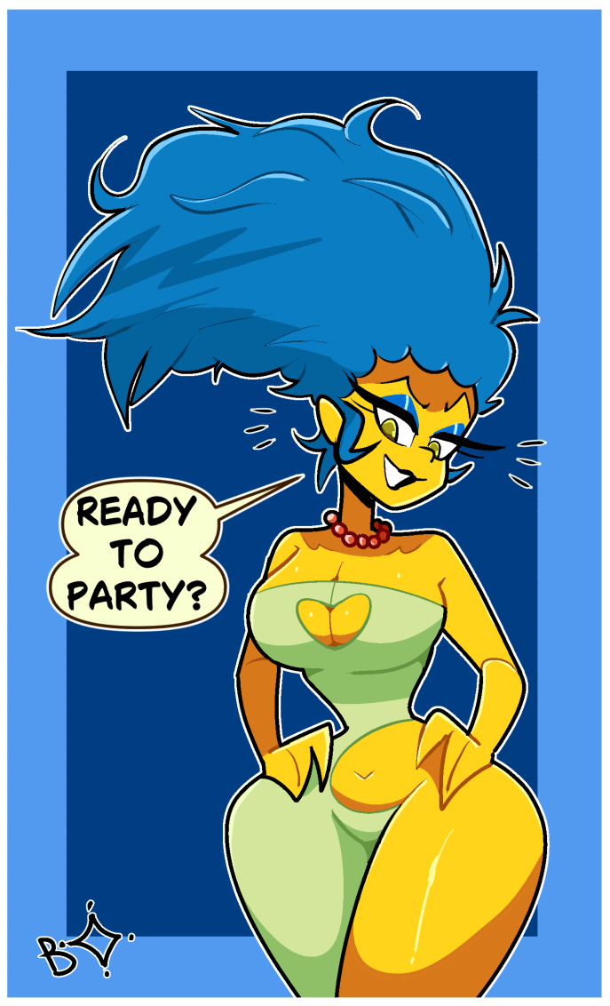 1girls, asymmetrical legwear, belly button, blightstar, blue hair, cowboy shot, dialogue, english text, female, female only, hands on hips, heart cutout, marge simpson, milf, necklace, pearl necklace, revealing clothes, solo, speech bubble, standing, tagme, talking to viewer, tall hair, the simpsons, yellow body