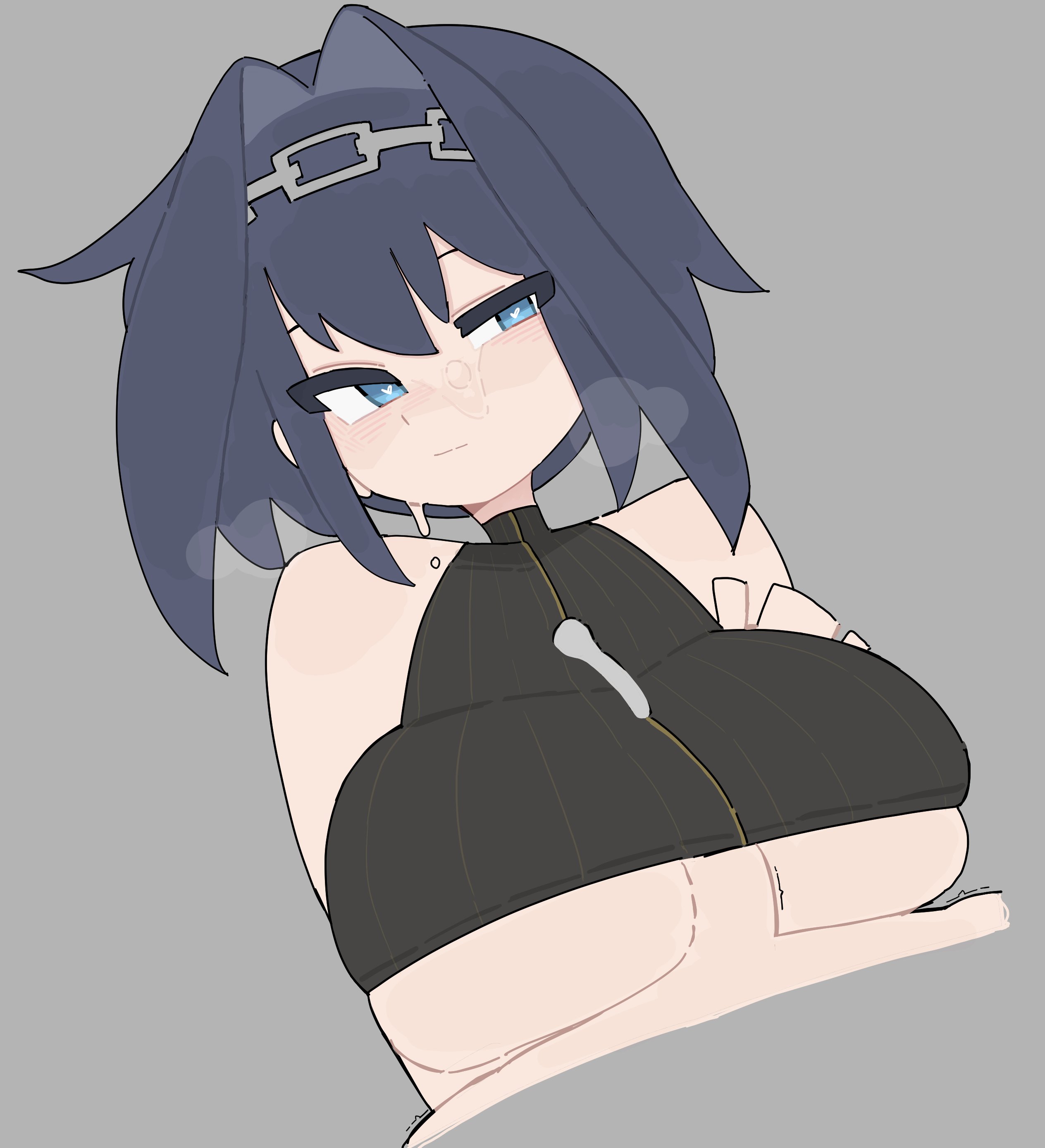 blue eyes, crop top, cum, hololive, hololive english, large breasts, maretenho, ouro kronii, paizuri, sleeveless, virtual youtuber
