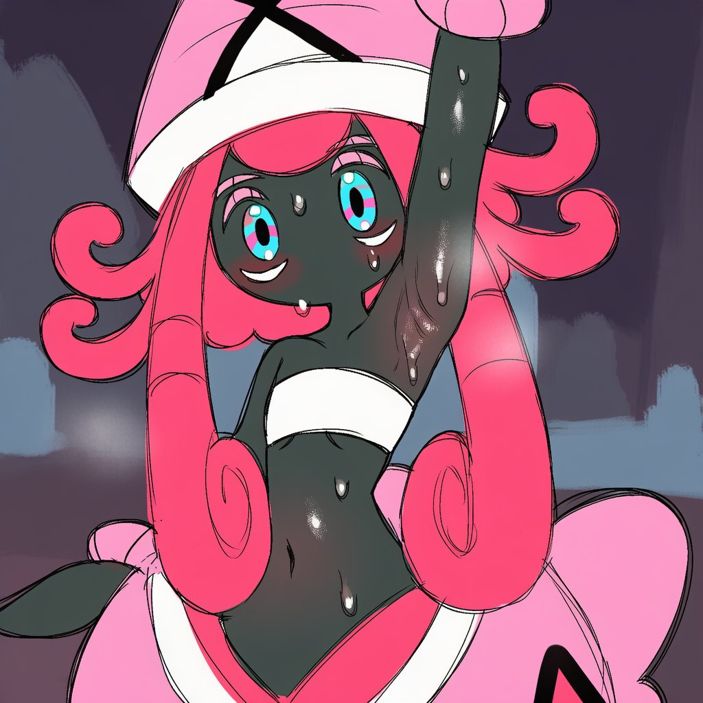 1girls, accurate body type, accurate proportions, armpit, armpit fetish, legendary pokemon, navel, pokemon, pokemon (species), sweat, tapu lele