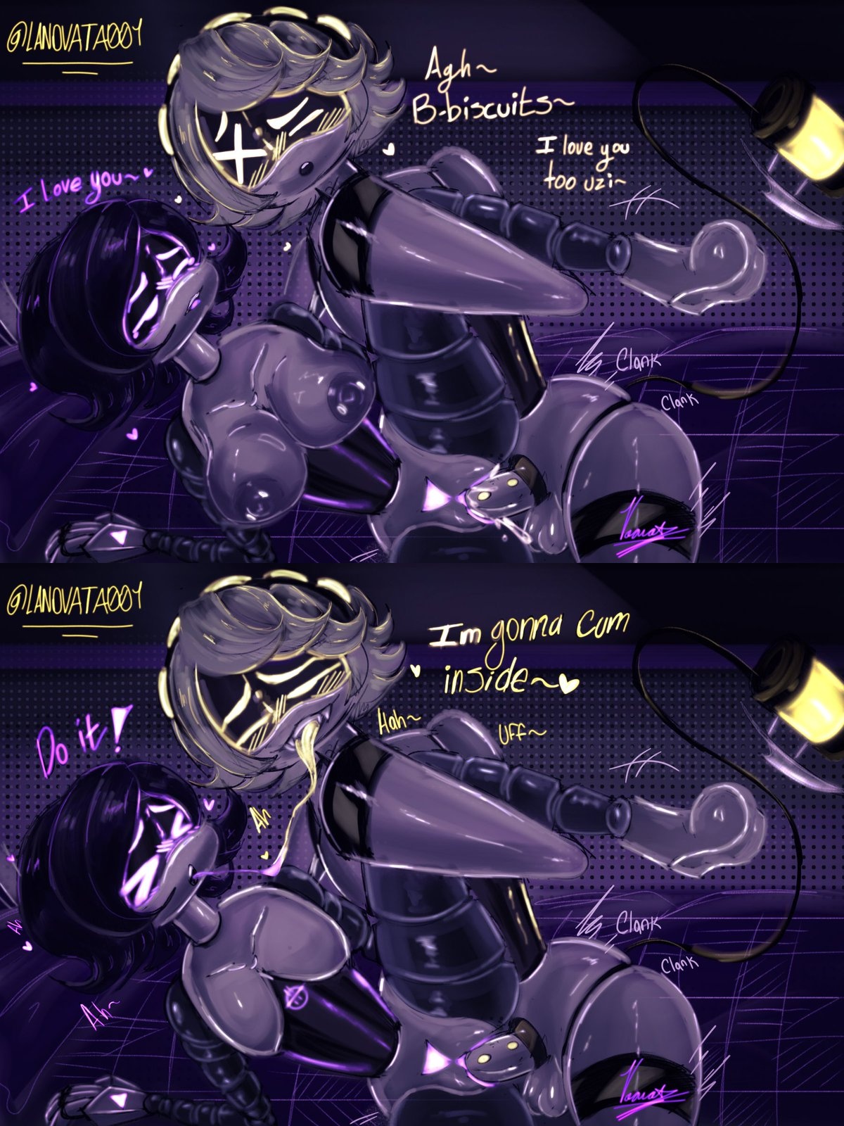 1boy, 1girls, disassembly drone, fangs, female, glitch productions, lanovata001, leg held up, long tongue, male, male/female, murder drones, n (murder drones), purple eyes, purple eyes female, purple hair, purple hair female, robot, robot boy, robot girl, robot humanoid, saliva, saliva string, screen face, sex, tail, tongue, uzi (murder drones), vaginal penetration, vaginal sex, white hair, white hair male, worker drone, yellow eyes, yellow eyes male