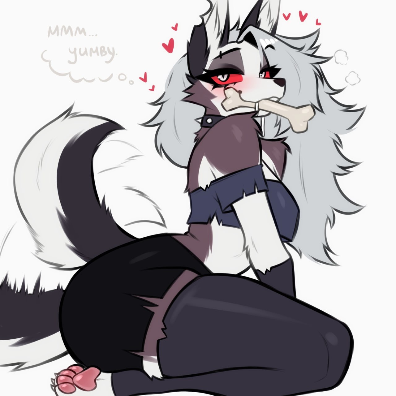 1girls, big breasts, big thighs, collar, curvy, curvy body, curvy female, curvy figure, furry, grey hair, helluva boss, highres, huge thighs, long hair, loona (helluva boss), loonamoon69, red eyes, seductive, seductive eyes, seductive look, seductive smile, simple background, sitting, solo, solo female, solo focus, tail, thick thighs, thigh highs, thighhighs, voluptuous, voluptuous body, voluptuous female