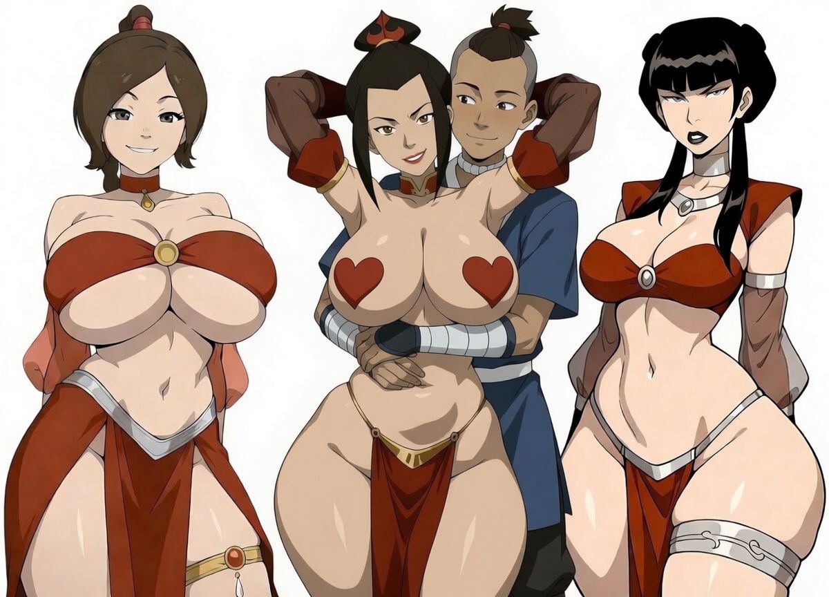 1boy, 1boy3girls, 3girls, 3girls1boy, ai edit, ai generated, avatar the last airbender, azula, belly dancer, belly dancer outfit, big ass, big breasts, black hair, brown hair, brunette, child bearing hips, dancer outfit, dark skin, dark-skinned male, fat ass, fat butt, fire nation, gold (metal), gold jewelry, hourglass figure, hourglass figured female, hug, hugging, hugging another, hugging from behind, interracial, large ass, large breasts, light skin, light-skinned female, loincloth, mai (avatar), pasties, pelvic curtain, silver (metal), silver jewelry, size comparison, sokka, thick thighs, ty lee, voluptuous, voluptuous body, voluptuous female, water tribe, white background, wide hips