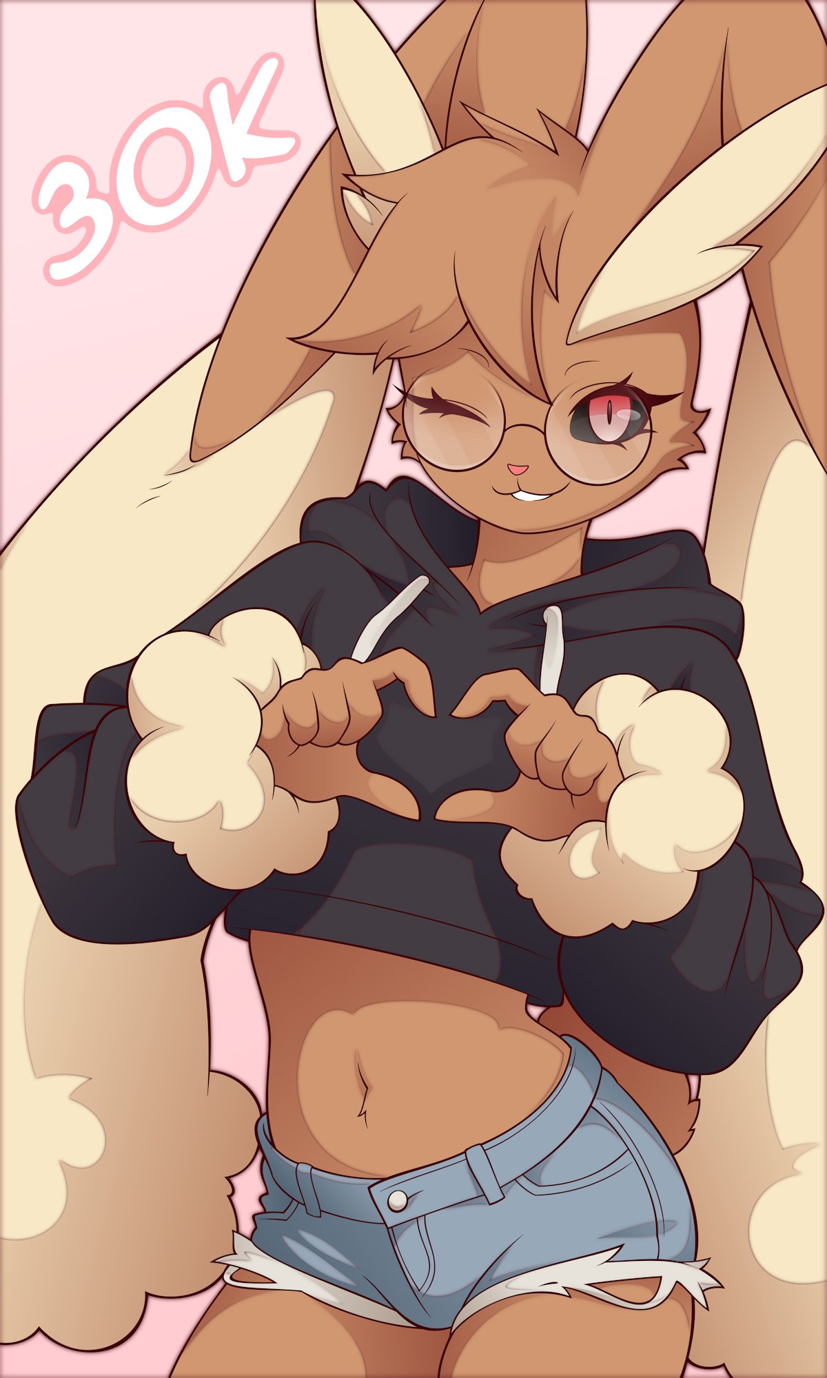 1girls, anthro, big breasts, black sclera, breasts, cleavage, crop top, cropped hoodie, denim shorts, female, female only, furry, hoodie, huge breasts, lopunny, pokemon, pokemon (species), rabbit, rabbit girl, short shorts, shorts, slit pupils, solo, thick thighs, wide hips, yorusagi