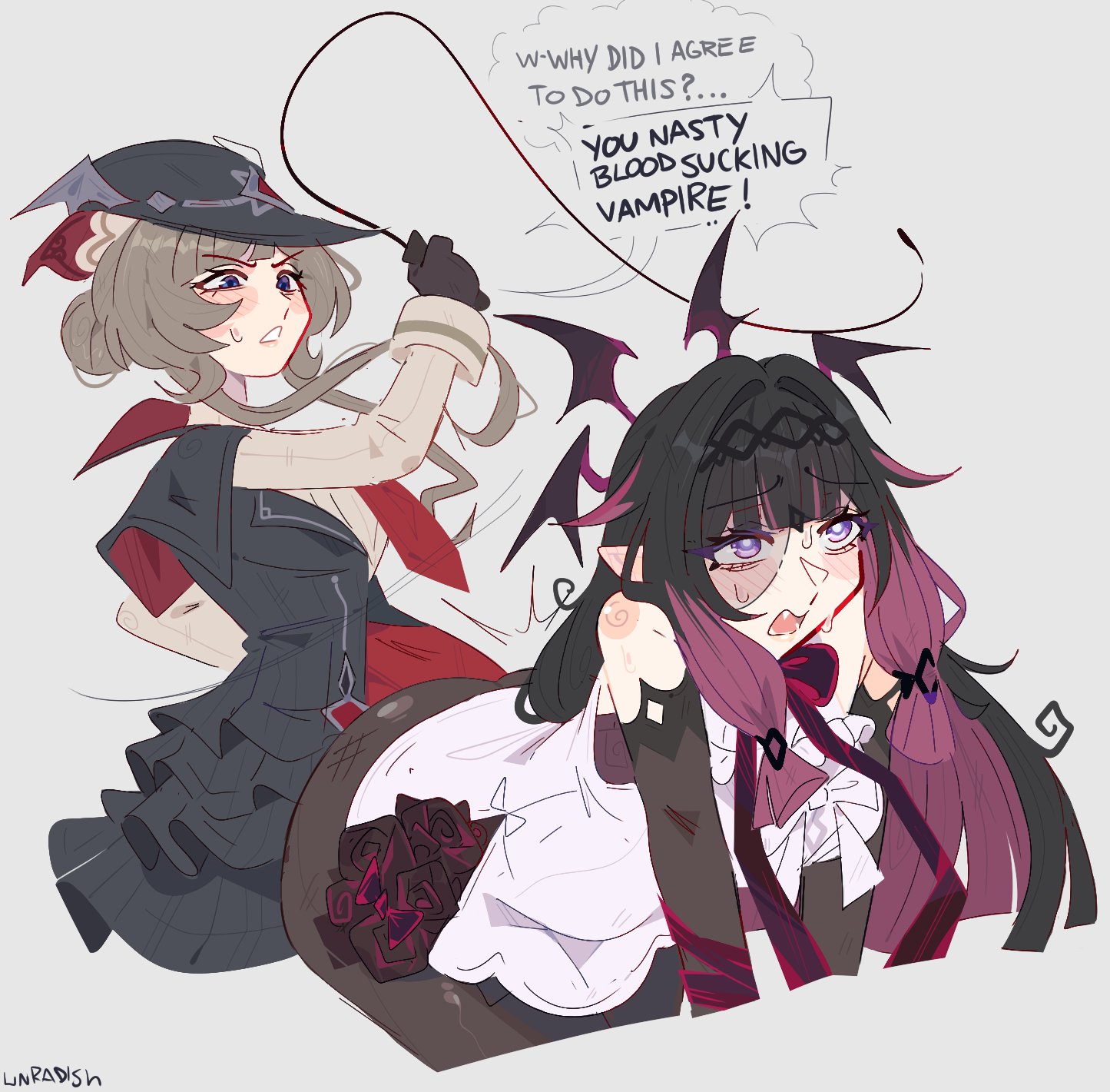 2026, 2girls, bdsm, columbina (genshin impact), dominant female, english text, female only, femdom, femsub, genshin impact, hoyoverse, infamcantaloupe, lesbian, roleplay, sandrone (genshin impact), submissive female, tagme, text, thick ass, unfamousradish, whipping, whipping butt, yuri