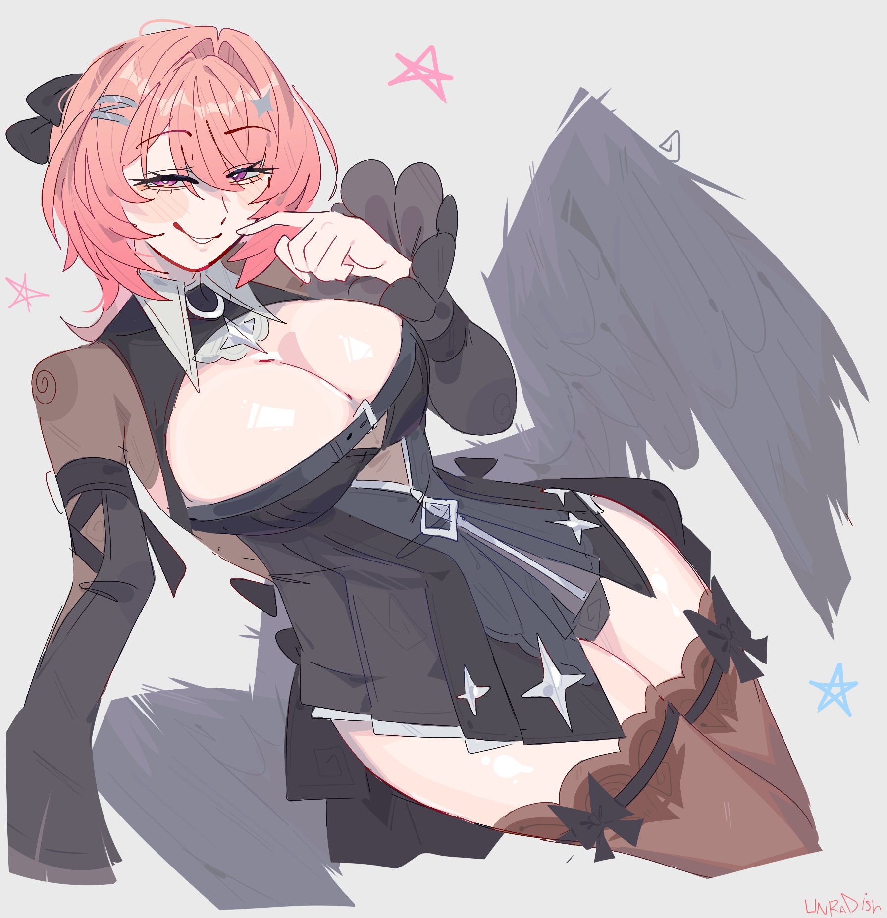 1girls, 2026, angel wings, big breasts, cleavage, hoyoverse, huge breasts, infamcantaloupe, pink hair, remielle dan, remielle dan (moonlight whispers), solo, solo female, tagme, thick thighs, unfamousradish, zenless zone zero