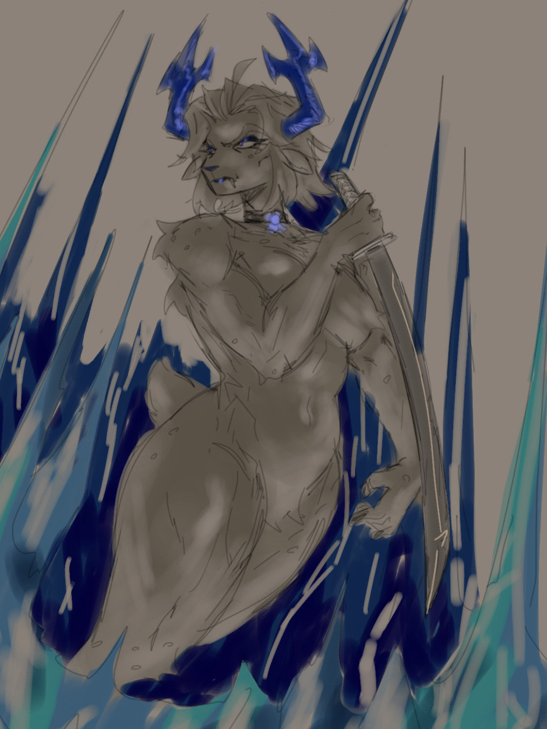 1girls, anthro, antlers, artistic nude, breasts, bush, carol holiday, collar, completely nude, completely nude female, covered nipples, covering breasts, deer, deer girl, deltarune, deltarune chapter 4, fangs, female, female focus, female only, fur, furry, furry female, goes hard, holding weapon, ice, katana, katztonight, mature female, milf, mother, naked, naked female, new world deer, older female, pose, short hair, solo, sword, tail, thick thighs, thighs, undertale (series), weapon, wide hips