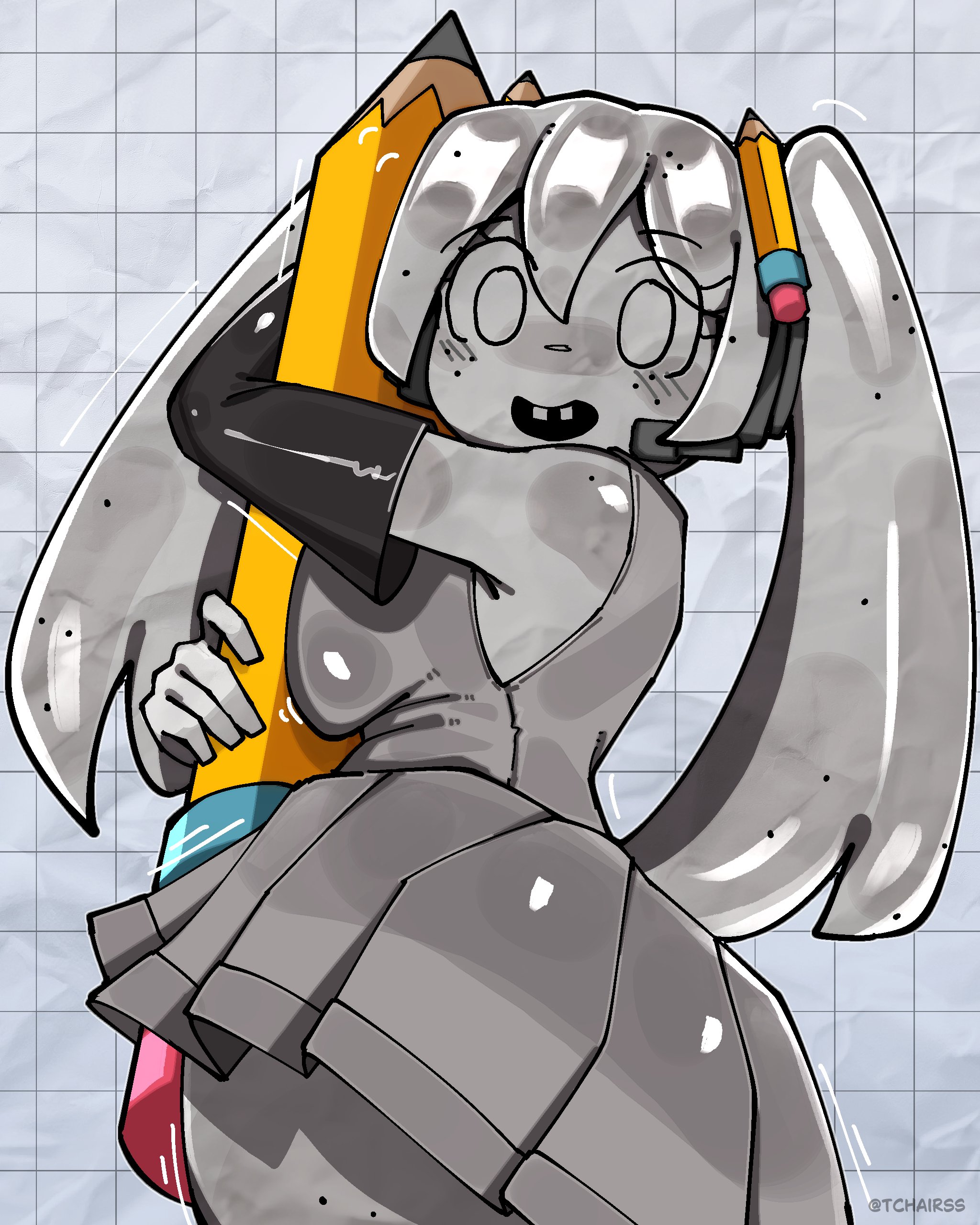 1girls, armpit peek, bare shoulders, black sleeves, buckteeth, detached sleeves, doodlebob, grey background, grey hair, grey shirt, grey skin, grey skirt, grid background, hatsune miku, large breasts, long hair, looking at viewer, motion lines, open mouth, pencil, pencil in hair, shirt, skirt, smile, solo, spongebob squarepants, tchairss, thick thighs, thighs, twintails, twitter username, vocaloid, youtooz