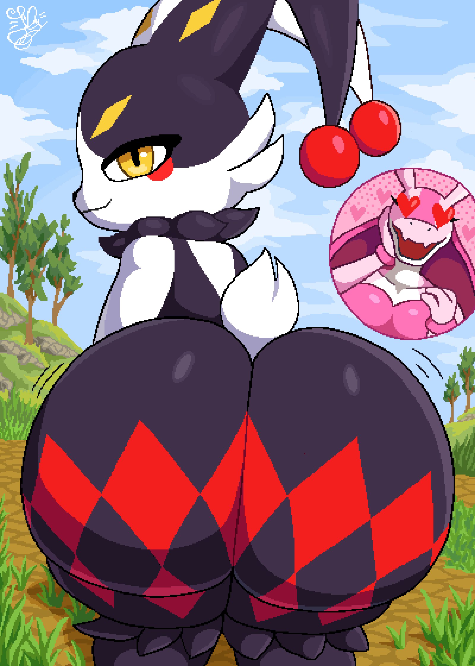2026, all fours, ambiguous anthro, ambiguous gender, anthro, big butt, black body, black fur, blush, bubble butt, butt, cheek tuft, cloud, cotton tail, digital drawing (artwork), digital media (artwork), duo, dupin (pal), eyelashes, facial tuft, fangs, floppy ears, fur, glistening, glistening butt, grass, hair, heart eyes, heart symbol, hi res, huge butt, lagomorph, leg tuft, leporid, linbun, long hair, looking back, lop ears, lovander, mammal, multicolored body, multicolored fur, narrowed eyes, outside, pal (species), palmorph, palworld, pink body, pixel (artwork), plant, pocketpair, presenting, presenting hindquarters, pseudo hair, rabbit, red body, red fur, scalie, smile, spades (marking), teeth, thigh tuft, tree, tuft, white body, white fur, yellow body, yellow eyes, yellow fur