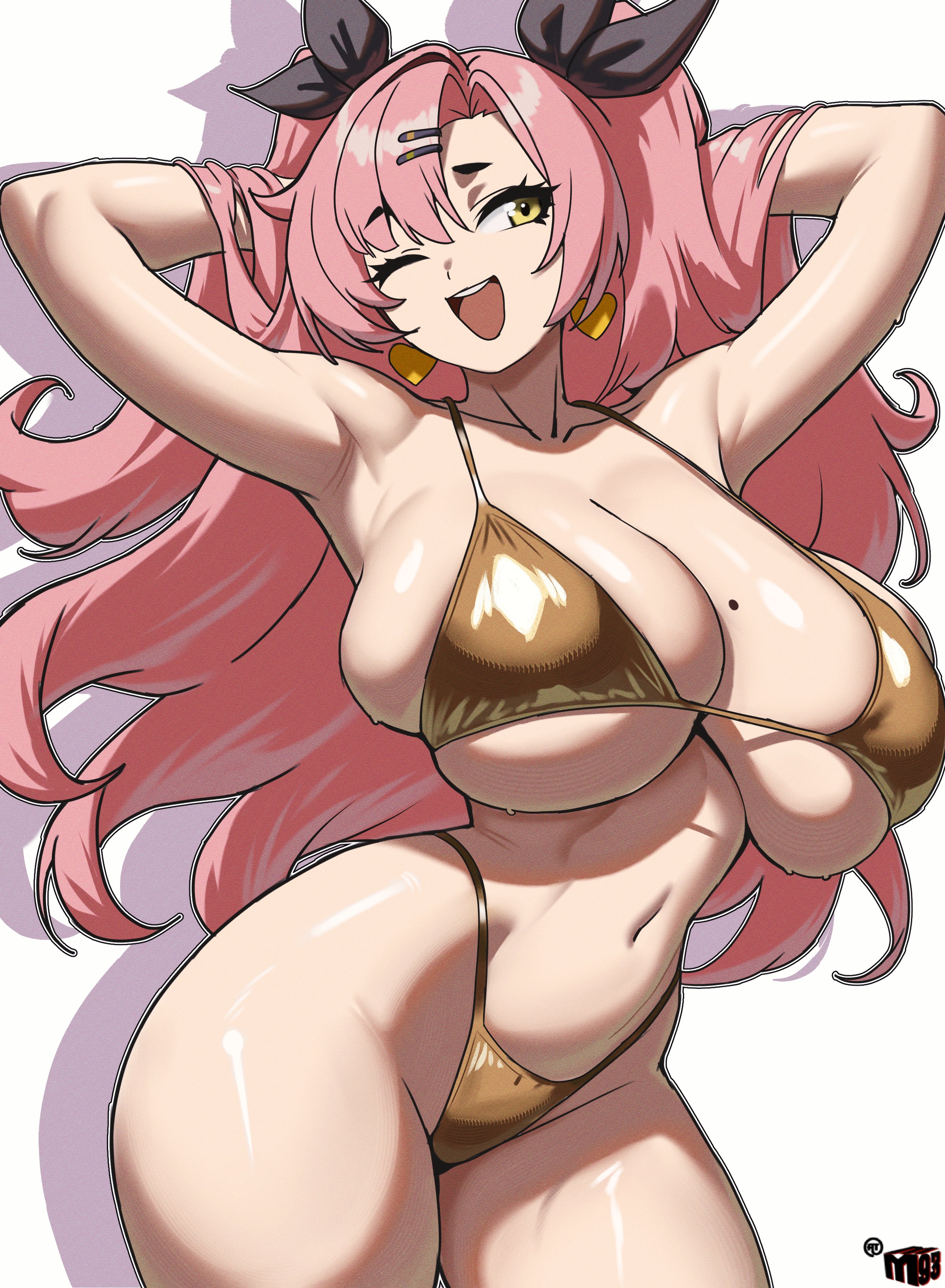 bikini, cleavage, female only, gold bikini, hoyoverse, huge breasts, large breasts, long hair, looking at viewer, mewmaster93, navel, nicole demara, pink hair, skindentation, smile, thick thighs, very long hair, yellow eyes, zenless zone zero