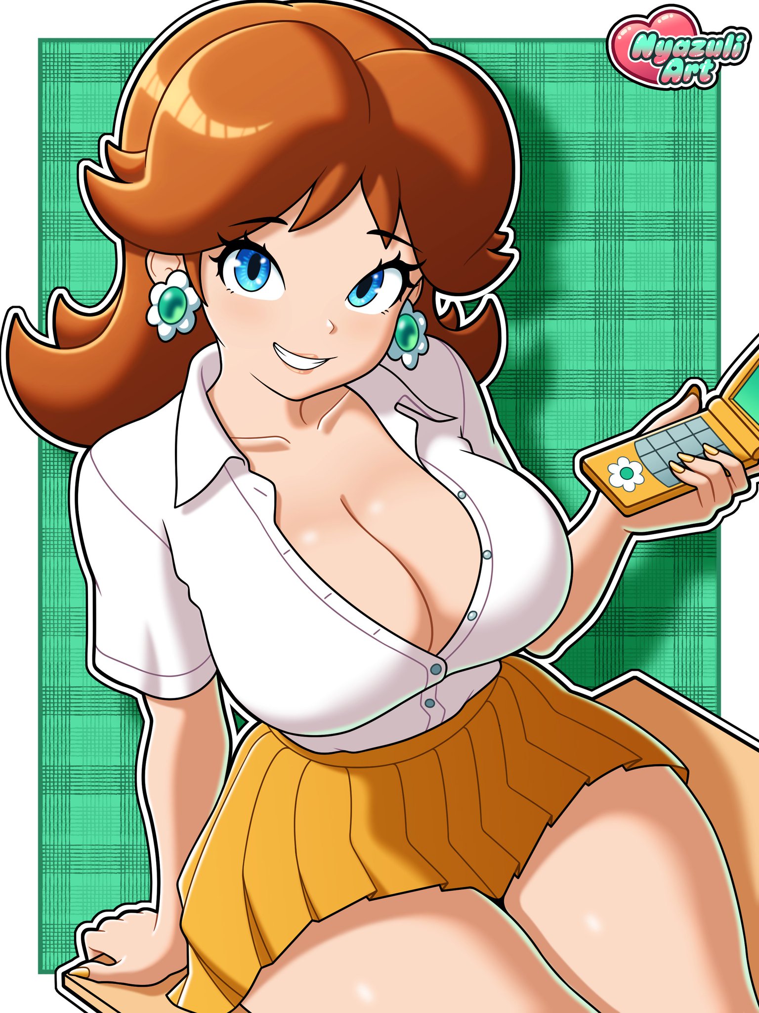 big breasts, blue eyes, boobs, breasts, brown hair, button down shirt, cellphone, clavicles, cleavage, collarbone, earrings, flip phone, hips, hips wider than shoulders, large breasts, looking at viewer, mario (series), nintendo, nyazuliart, open shirt, painted nails, princess daisy, sexy, shirt, short skirt, sitting on desk, skirt, thick thighs, thighs, thighs bigger than head, wide hips