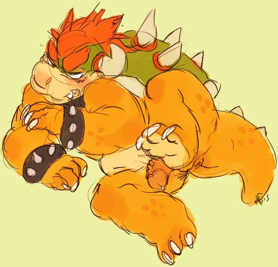 1boy 2015 anthro anus blush bowser chubby claws cuffs cum erection full_body horn koopa male male_only mario_(series) nintendo nude penis reptile scalie simple_background solo spiked_bracelet spitmonster video_games