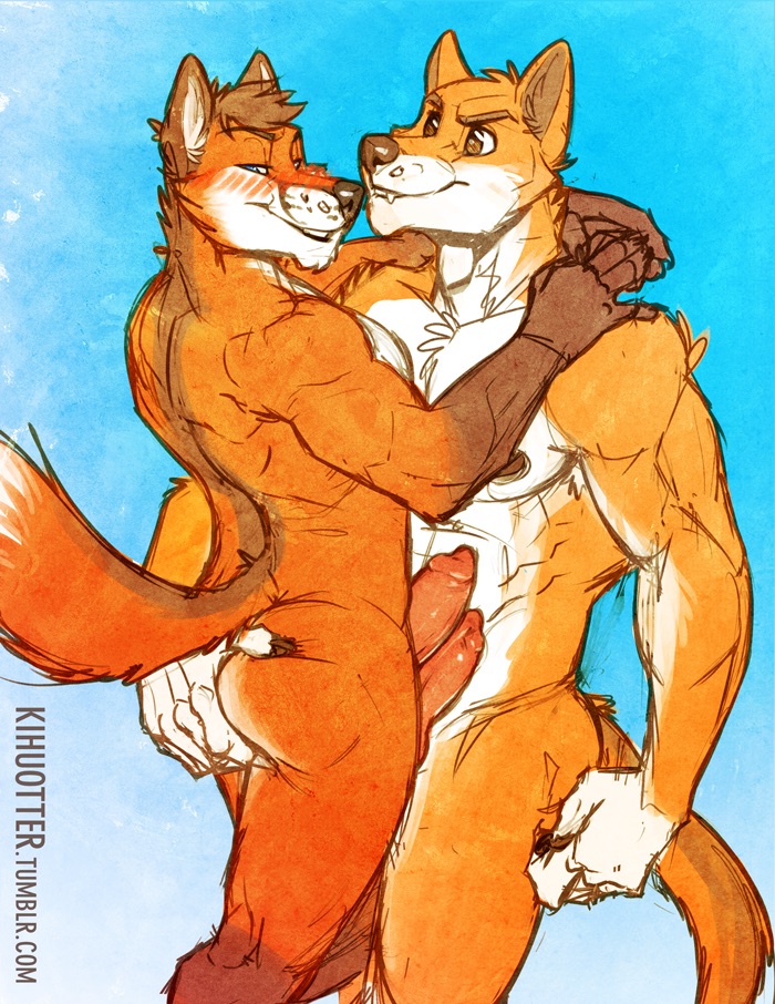 2014 abs alpha_male animal_genitalia anthro ass ass_grab biceps blue_eyes blush canine canine_penis chipfox cocky cocky_smile color couple dadingo dingo duo erection fox frottage fur hair hand_on_ass kihu knot looking_at_viewer male male_only mammal muscles nipples nude open_mouth pecs penis plain_background romantic_couple sex smile yaoi