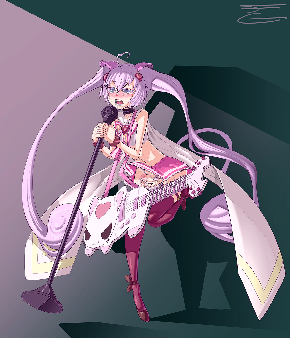 1boy, androgynous, balls, balls in panties, blush, cum, ejaculation, erection, femboy, girly, guitar, male, male only, necrosmos, open mouth, penis, rosia (show by rock!!), rule 63, saliva, show by rock!!, solo, tears, testicles, tied hair, trap, twintails, uncensored