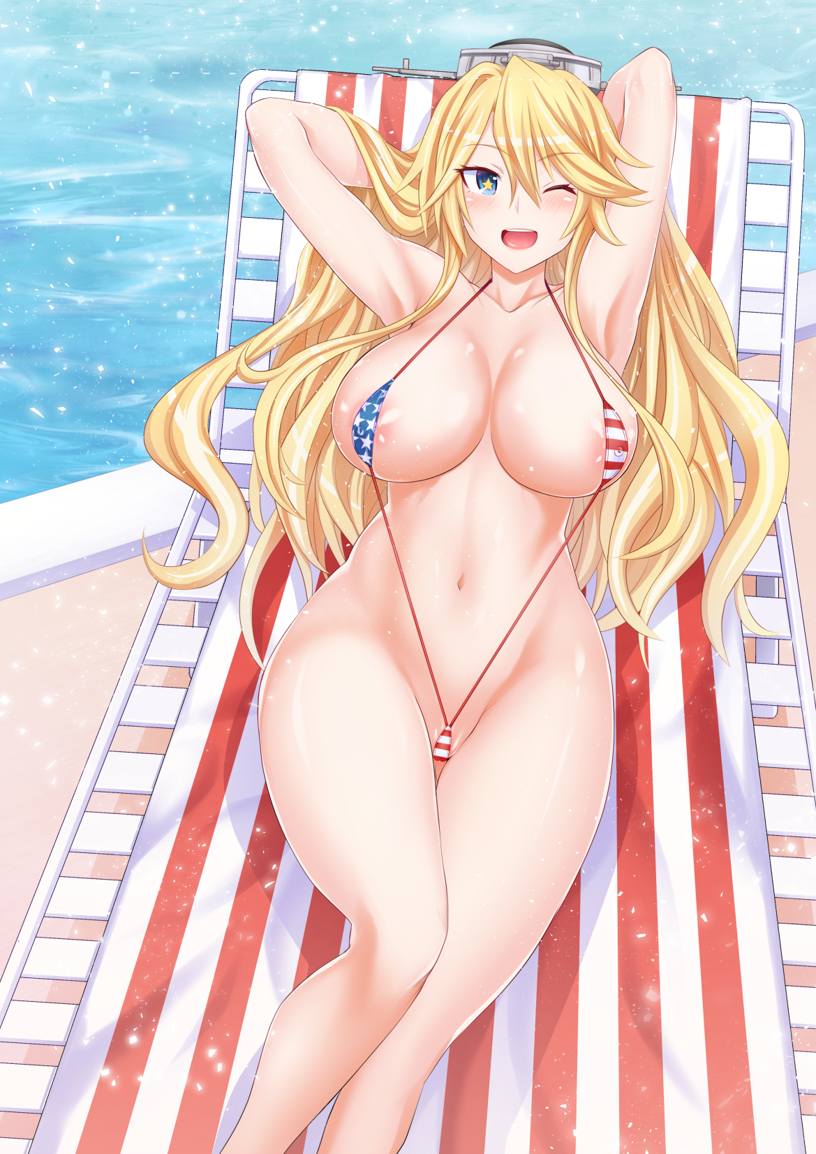 1girls, american flag, american flag bikini, armpits, arms behind back, bikini, blonde hair, blue eyes, breasts, cleavage, curvy, female, female only, highres, iowa (kantai collection), kantai collection, large breasts, long hair, looking at viewer, makinosaka shin'ichi, navel, one eye closed, pool, slingshot swimsuit, smile, solo, solo female, star (symbol), star-shaped pupils, swimsuit, symbol-shaped pupils, water