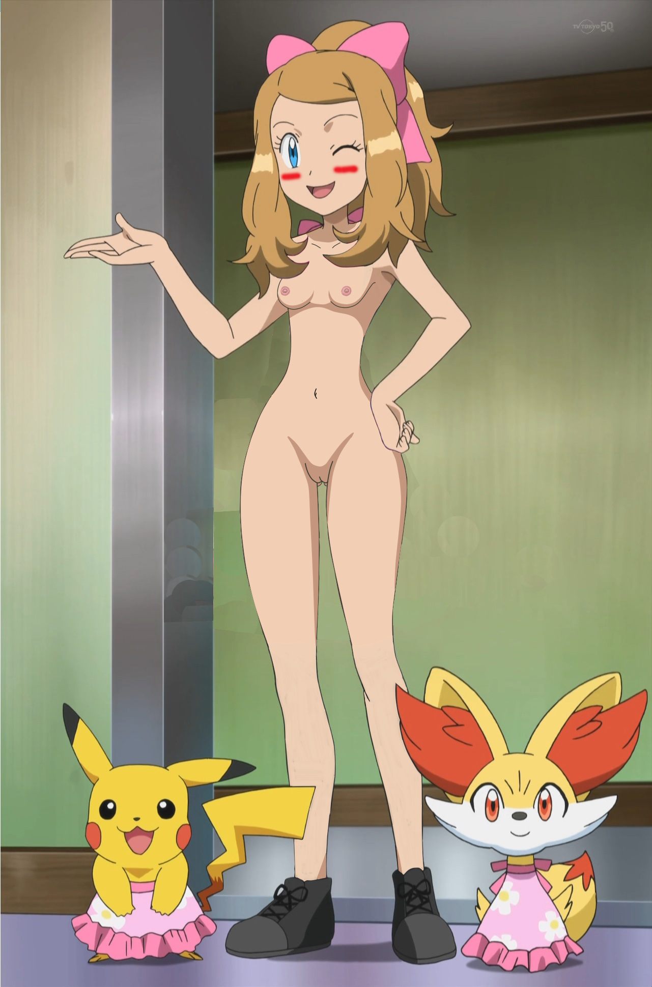 blush, breasts, female, fennekin, human, human only, navel, nintendo, nude, pikachu, pokemon, pokemon (anime), pokemon (species), pokemon xy, ponytail, pussy, ribbon, serena (pokemon), smile, uncensored, wink