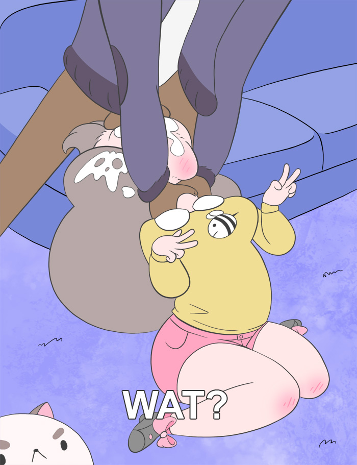 bee bee_(bee_and_puppycat) bee_and_puppycat bottomless bulge cartoon_hangover clothed cum dark-skinned_male dark_skin deckard_wizard deepthroat faceless_male female foolydemon oral puppycat text throat_bulge throat_swabbing