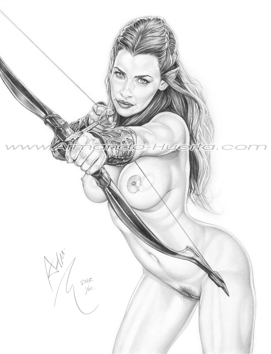 actress armando_huerta bow breasts celebrity elf evangeline_lilly female female_only huge_breasts human looking_at_viewer lord_of_the_rings monochrome nipples solo tauriel the_hobbit watermark