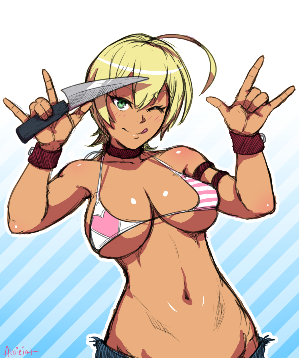 1girls, akairiot, aqua eyes, bikini top, blonde hair, blonde-haired female, blush, breasts, choker, cleavage, female, gyaru, knife, kuro gyaru, licking lips, mito ikumi, navel, shokugeki no souma, short hair, shorts, smile, solo, standing, underboob, wink
