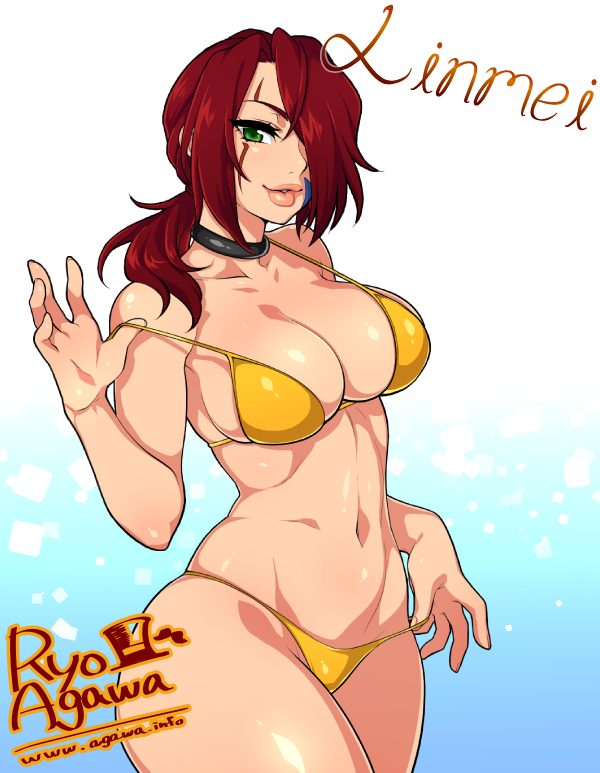 bikini breasts brown_hair choker cleavage female green_eyes hair_over_one_eye large_breasts linmei navel original_character ponytail ryo_agawa scar solo standing tied_hair wide_hips