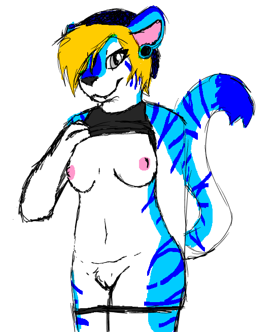 2015 anthro beanie bex blue_fur breasts clothed clothing feline female hair half-dressed hat jolteonkitty looking_at_viewer mammal nipples panties pussy smile solo tiger underwear undressing